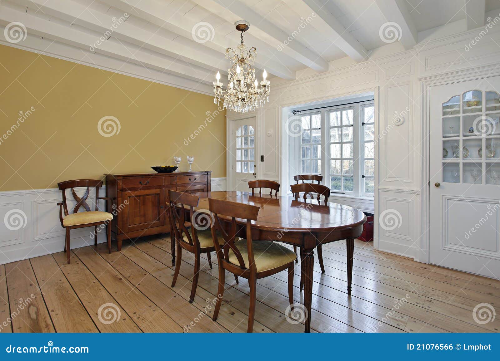 Dining Room With White Ceiling Wood Beams Stock Photo Image Of