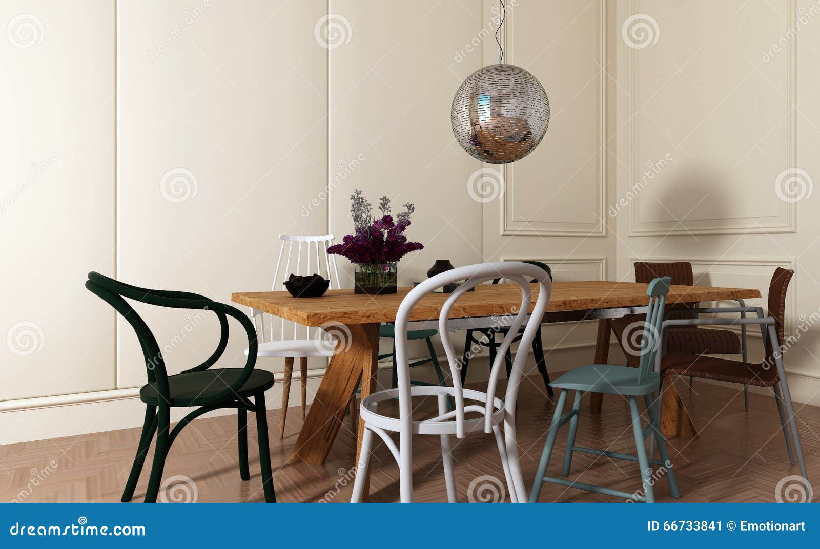 Dining Room With Wood Table And Mismatched Chairs Stock Image
