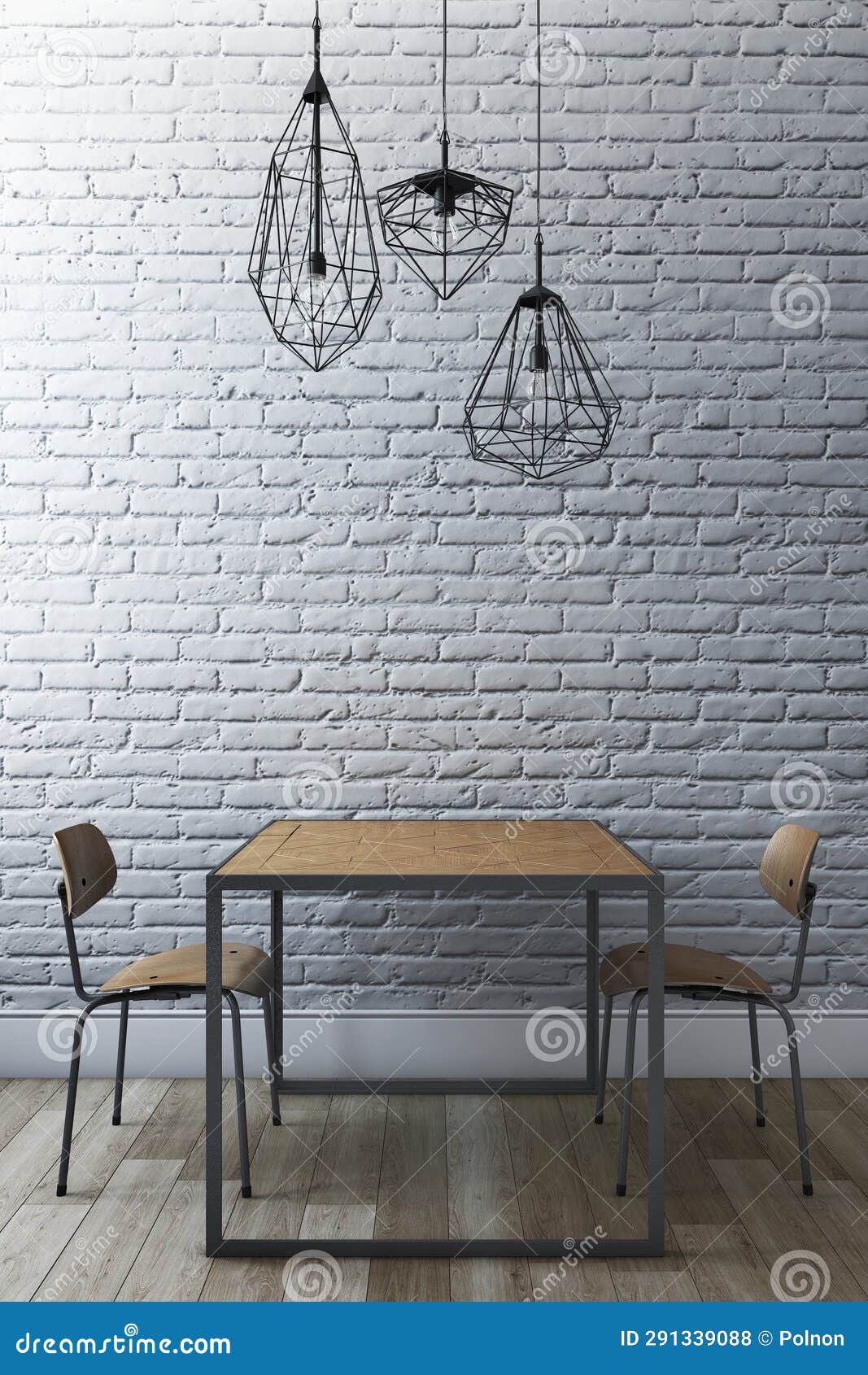 Dining Set with Brick Wall and Modern Chandelier. 3d Illustration Stock