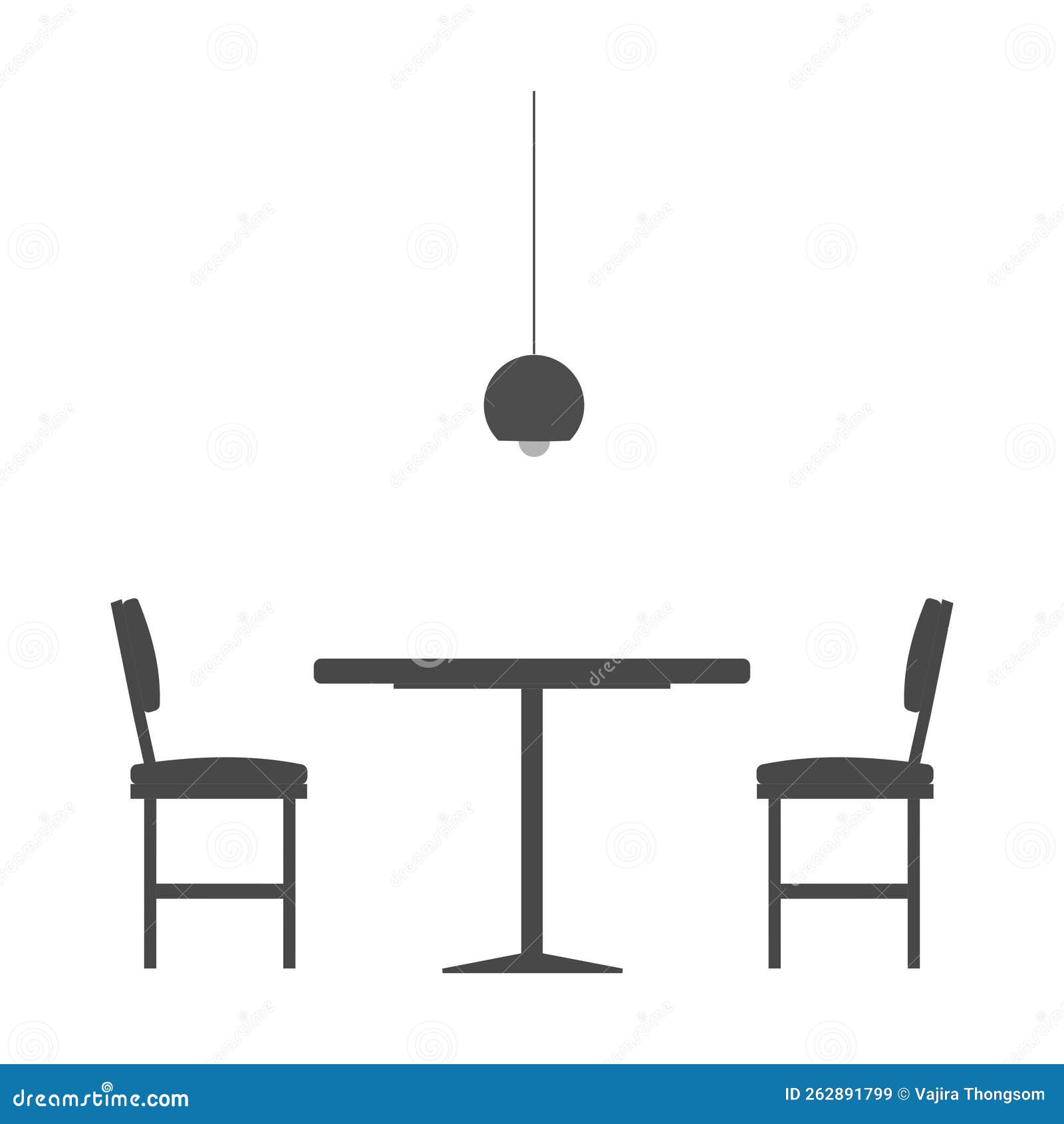 Dining Table, Chair and Lighting in Black, Vector Illustration Stock