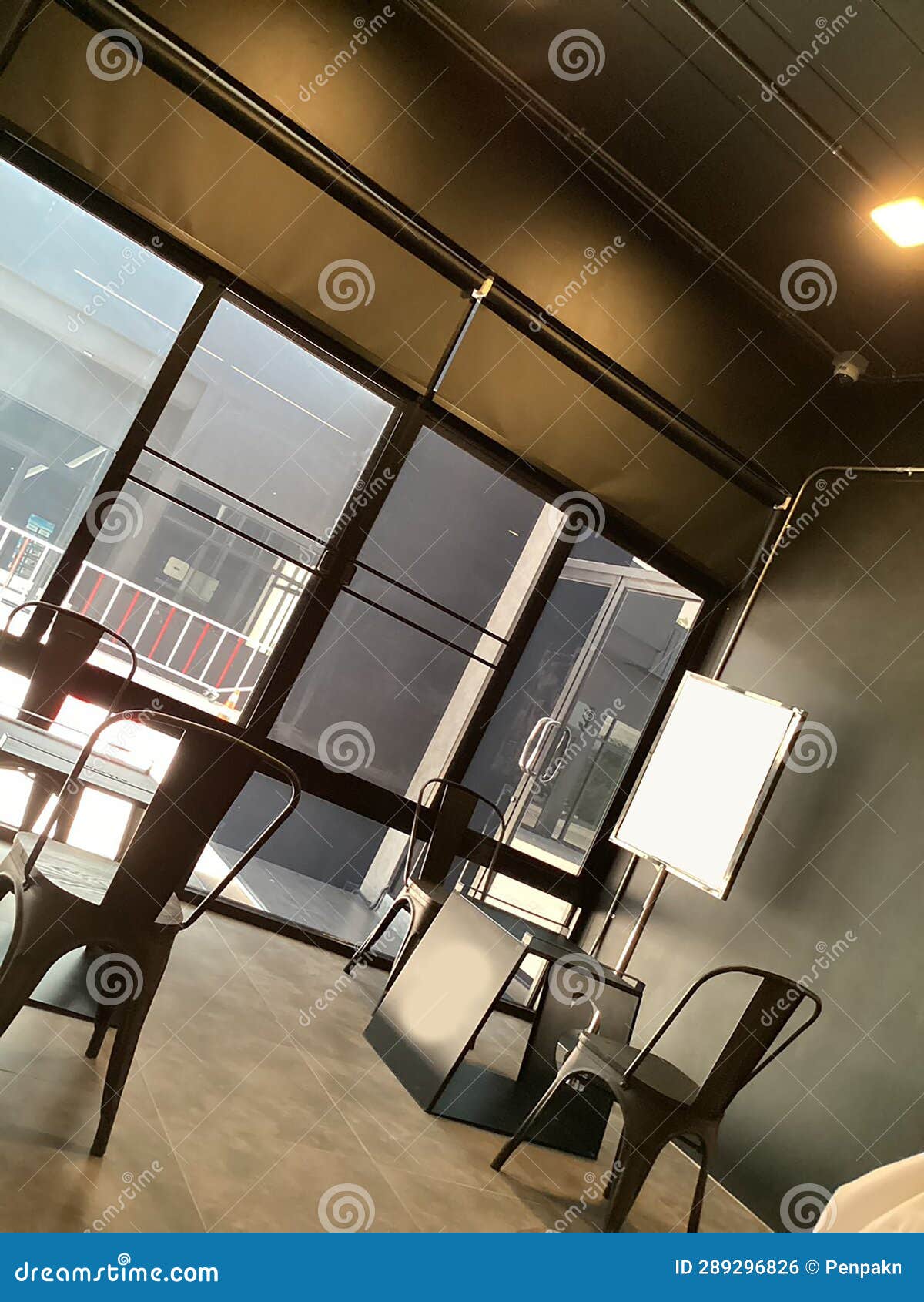 Dining Table in a Restaurant Glass Window Frame Aluminium Stock Photo