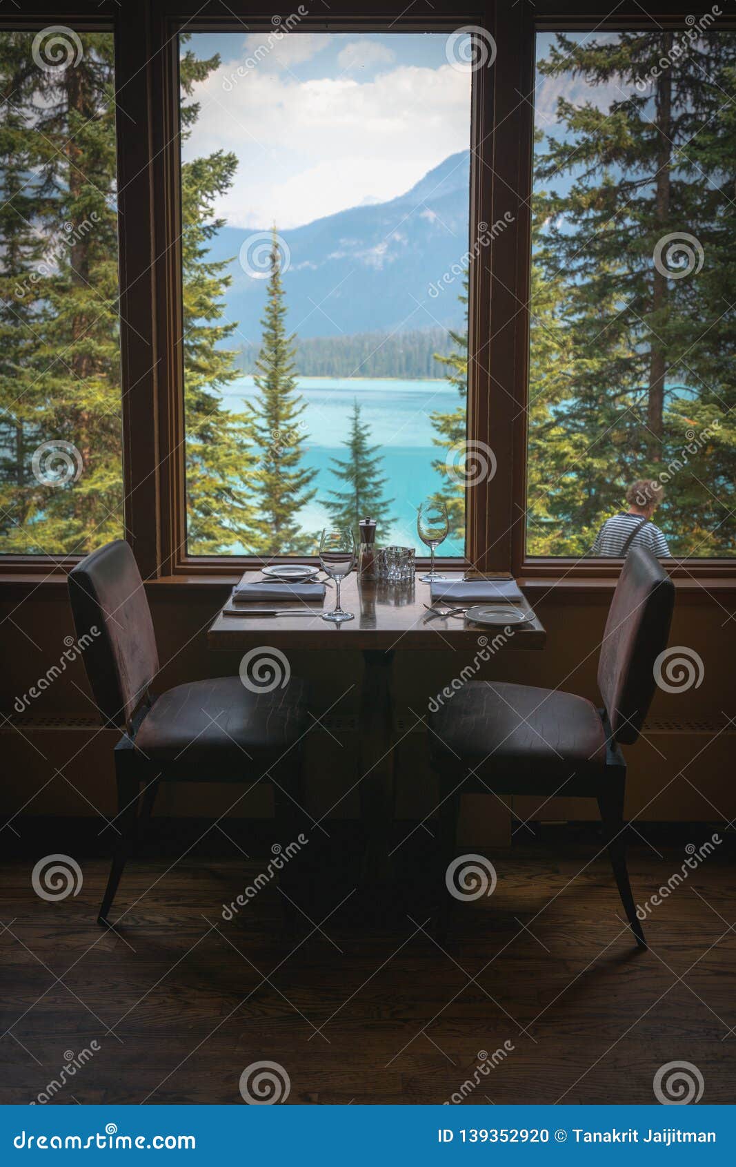 Dining Table Set in the Restaurant with Emerald Lake View, CANADA Stock