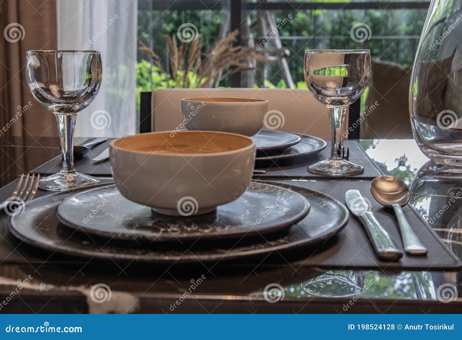 Dining Table with Vase of Flower on Marble Table Stock Photo - Image of ...