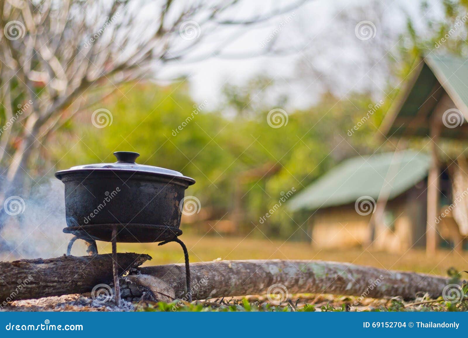 Dinner Cooks in a Large Pot Over an Open Fire Stock Photo Image of