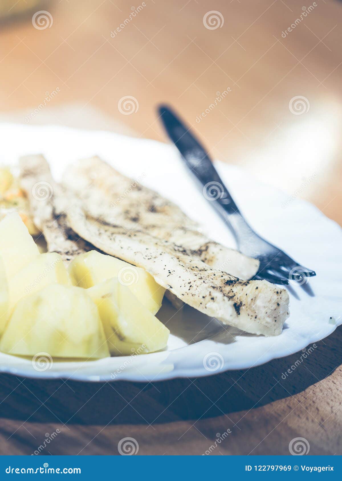 Dinner Meal Fish with Salad and Potatoes Stock Image - Image of diet