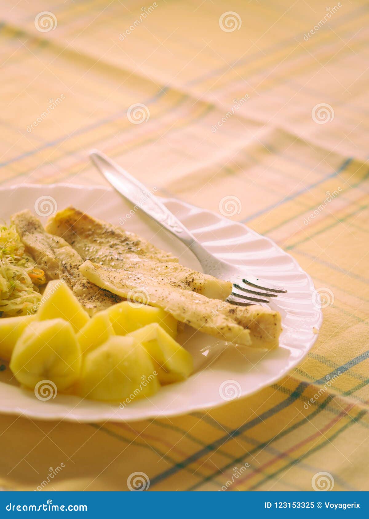 Dinner Meal Fish with Salad and Potatoes Stock Image - Image of food