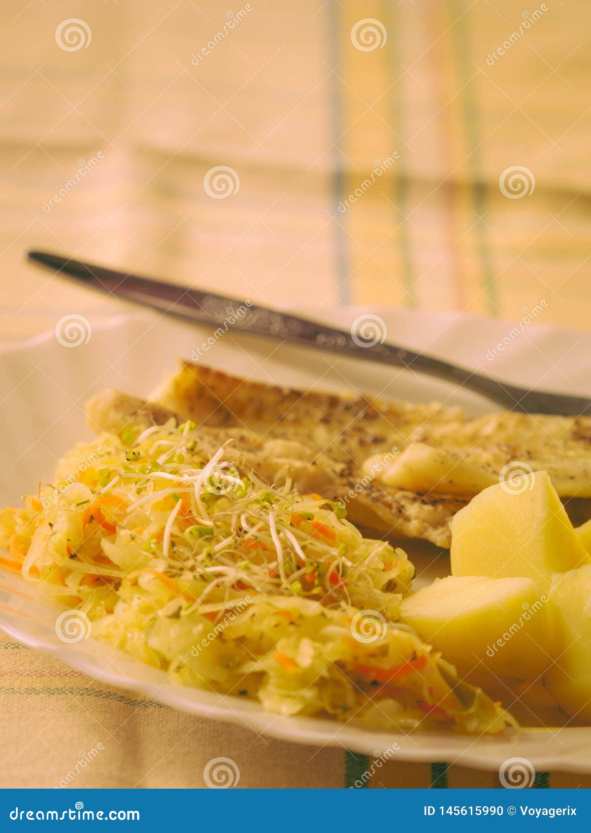 Dinner Meal Fish with Salad and Potatoes Stock Photo - Image of filet