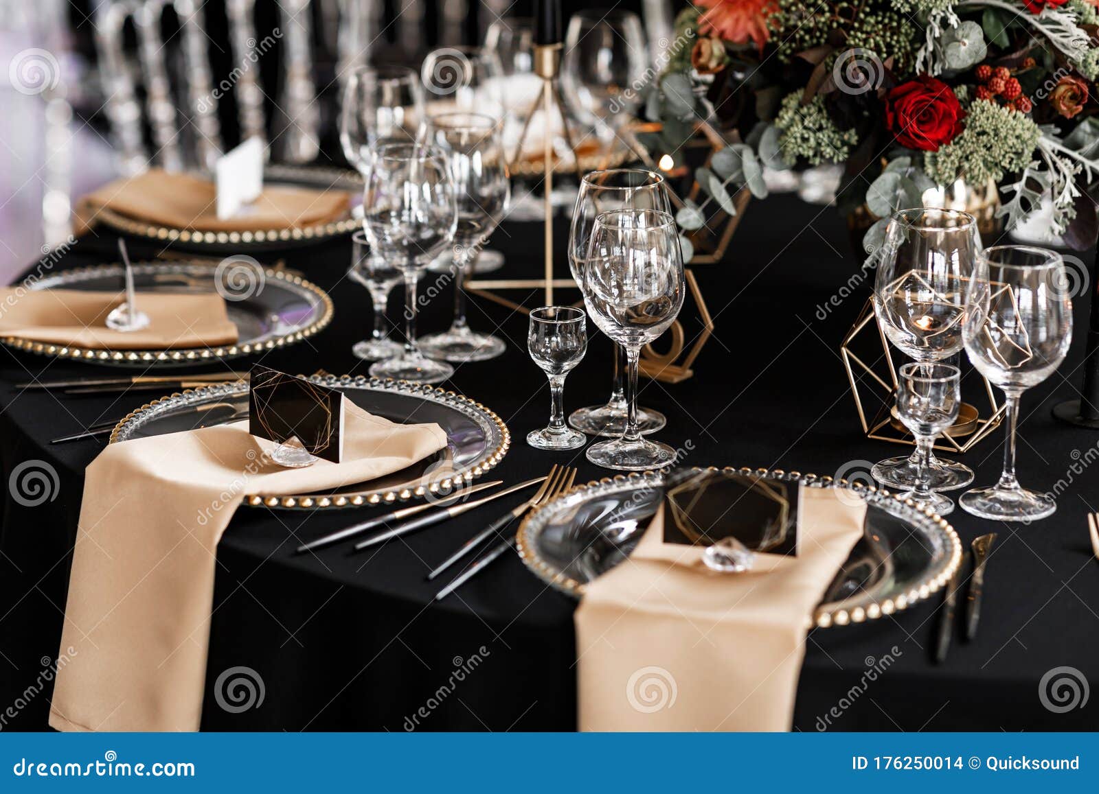Served Dinner Table in Black and Gold Theme Stock Photo Image of