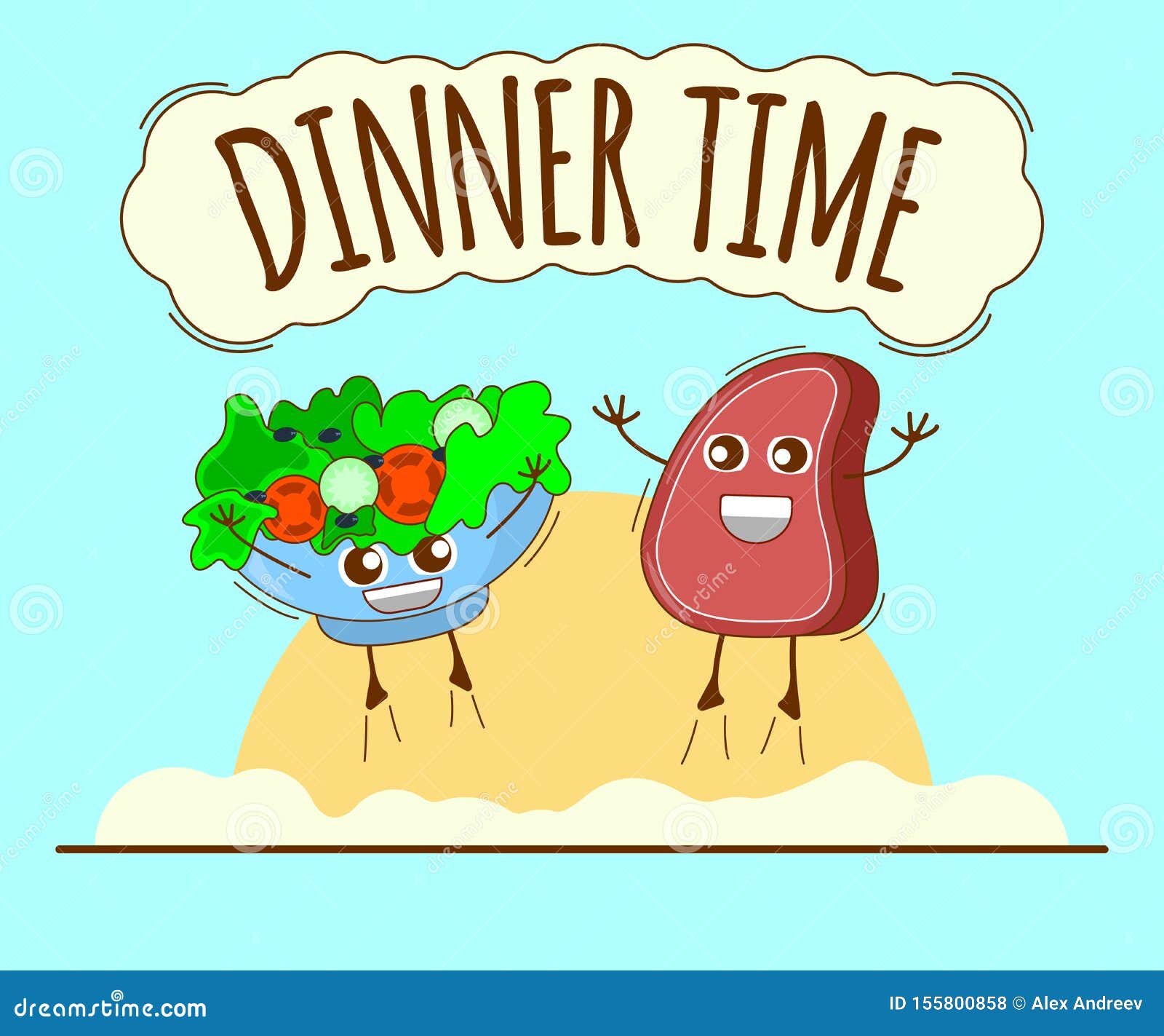 Dinner Time Banner, Meat and Green Bowl Icon. Cute Character, Concept