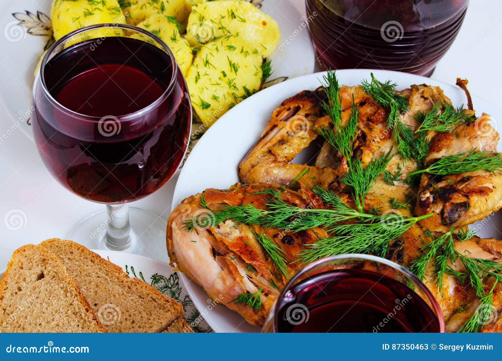 Dinner with Wine, Fried Chicken, Potatoes and Bread. Stock Image Image of potatoes