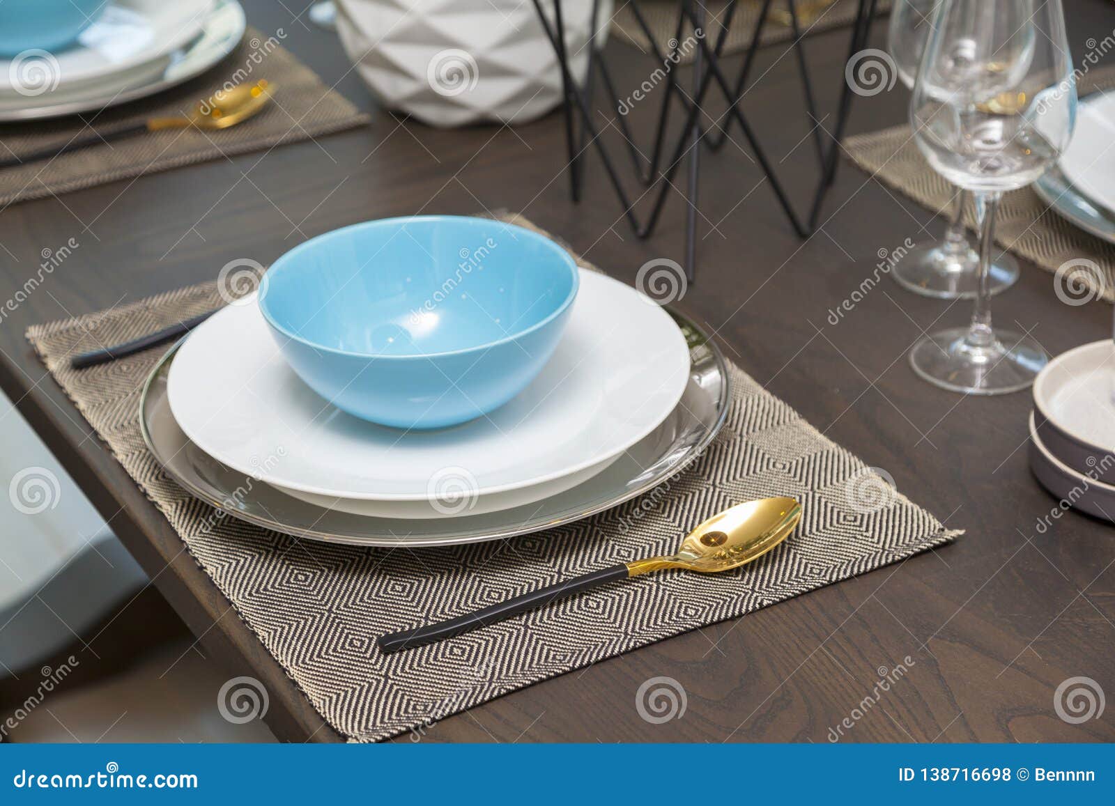 Dinning Room Interior with Blue Plate on Table at Home. Stock Photo ...