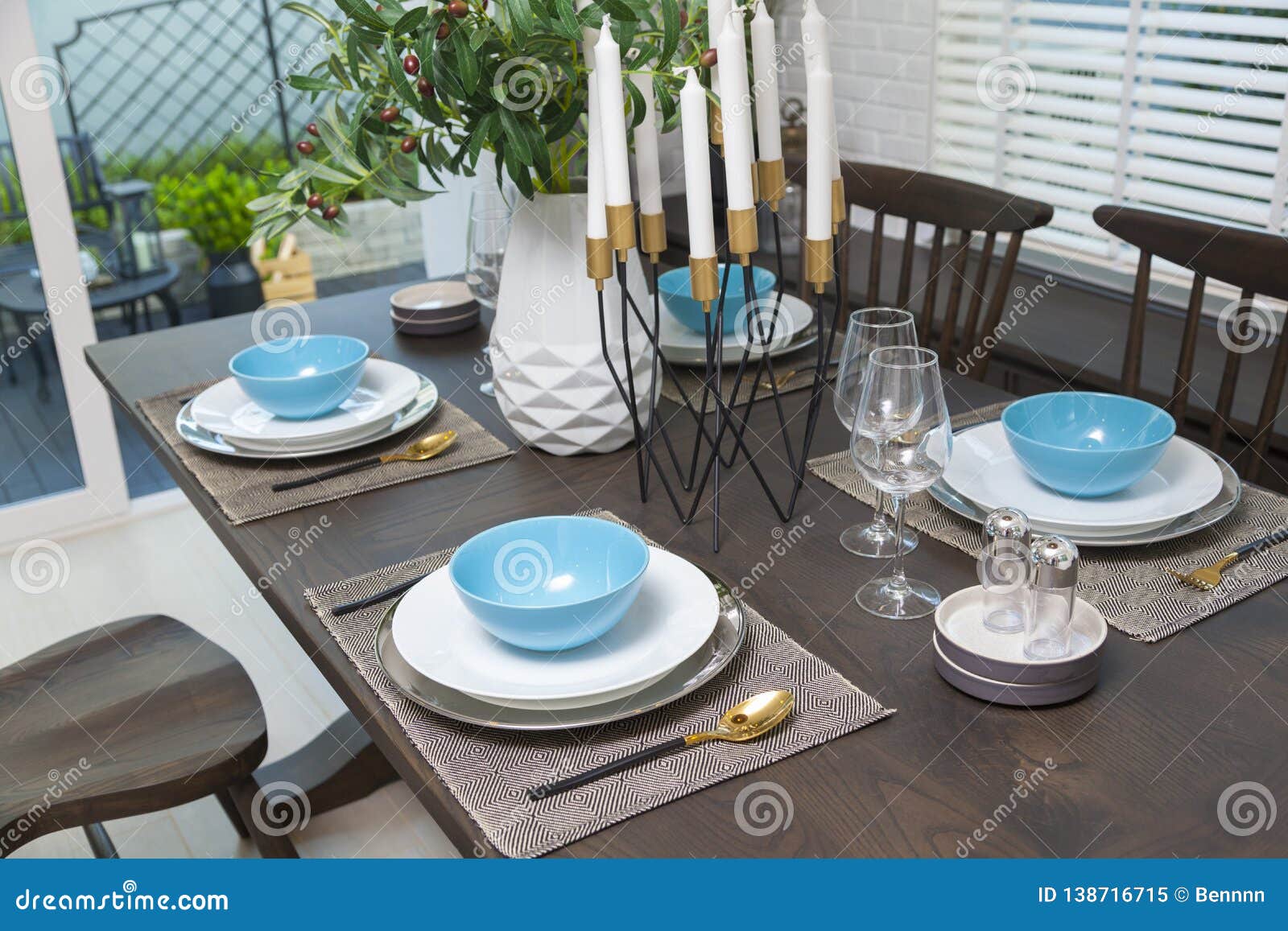 Dinning Room Interior with Blue Plate on Table at Home. Stock Image ...