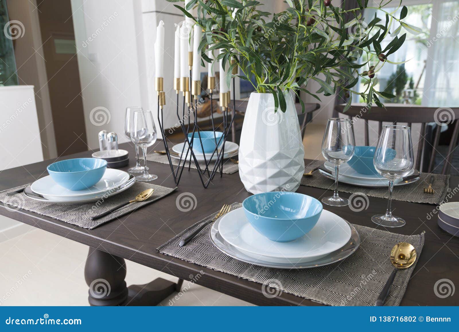 Dinning Room Interior with Blue Plate on Table at Home. Stock Photo ...