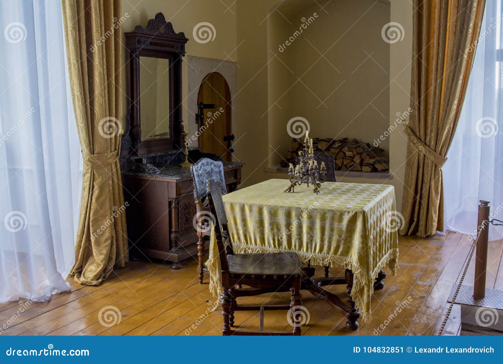 Dinning Room Interior with Table, Chairs, Statue in the Ancient Old