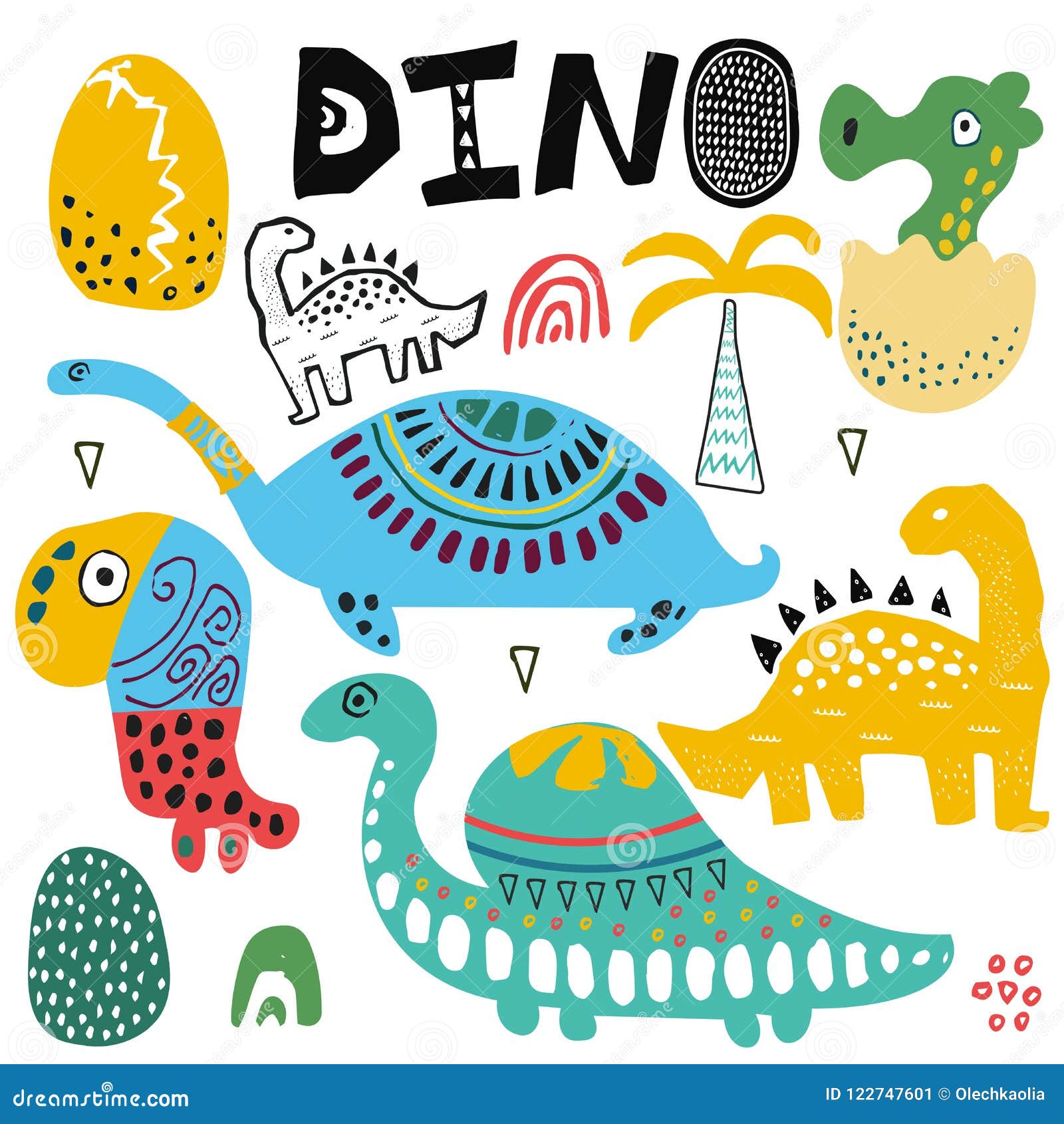 Dino and Dinosaur Illustration Set. Hand Drawn Cute Exotic Animals. Egg ...