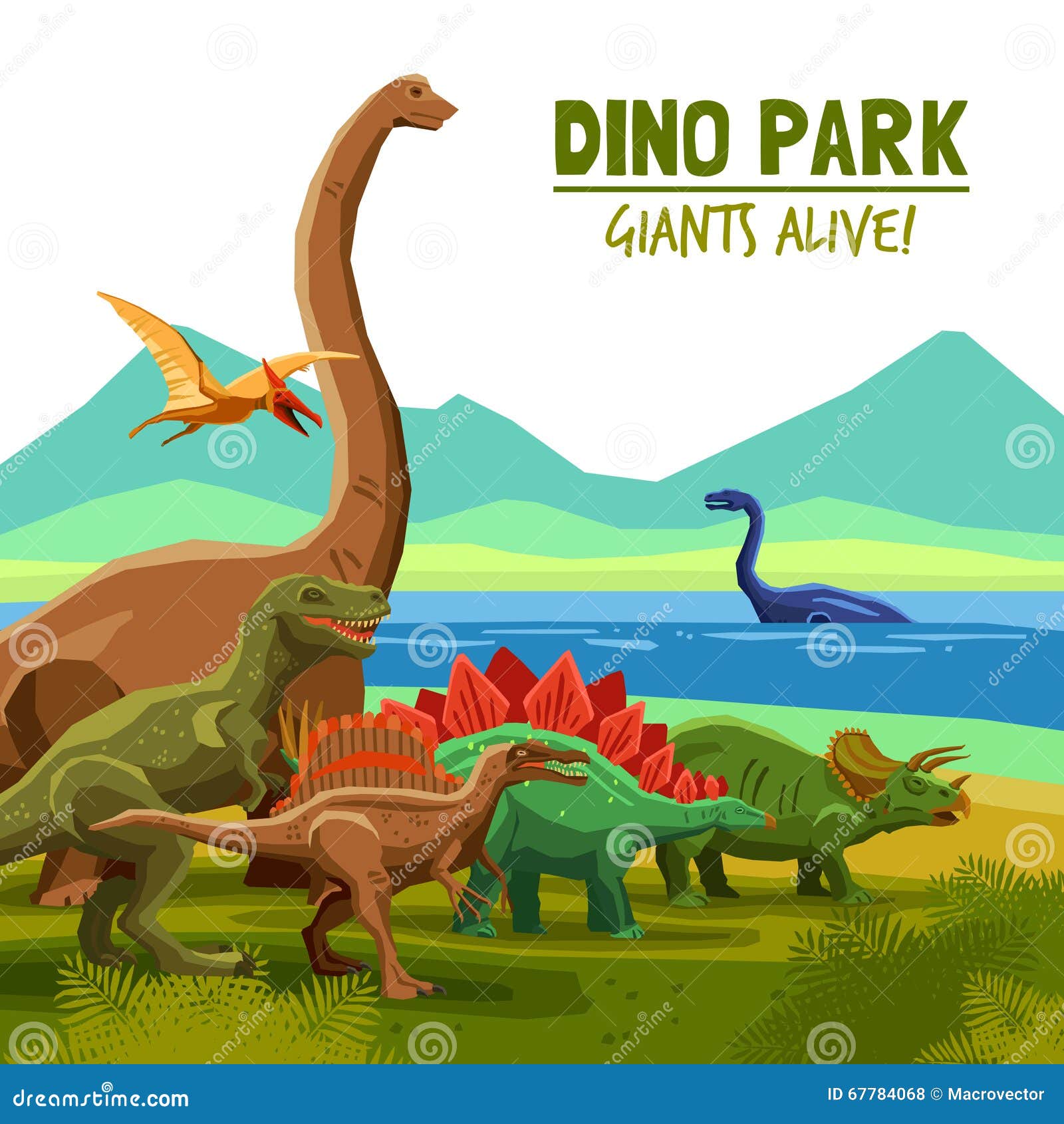 Dino Park Poster. Diversa natación del vuelo y los dinosaurios de la tierra con el lago y las montañas en el fondo Dino parquean el ejemplo del vector del cartel de la historieta