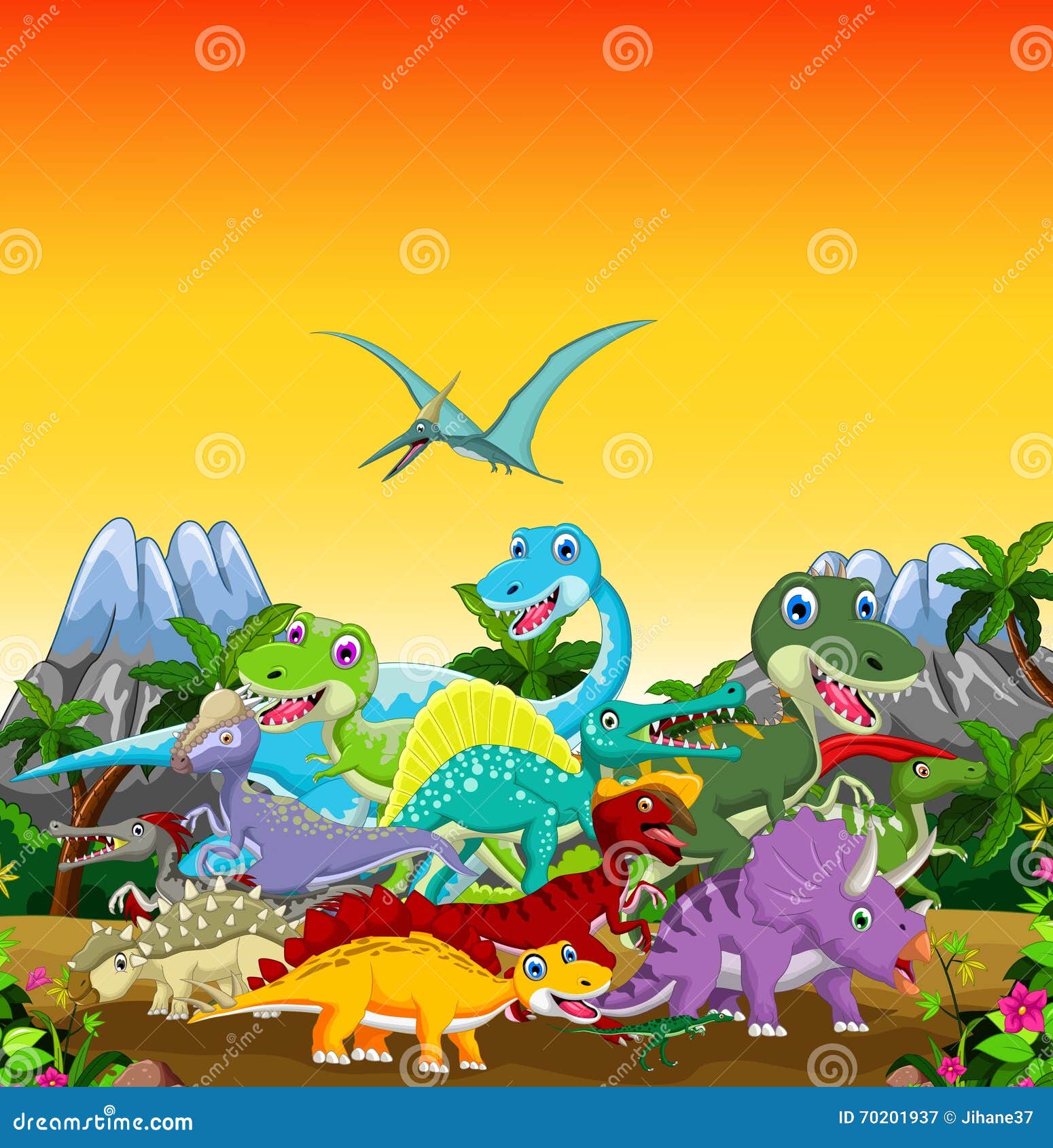 Dinosaur Cartoon with Landscape Background for Your Design Stock  Illustration - Illustration of humor, fantasy: 70201937
