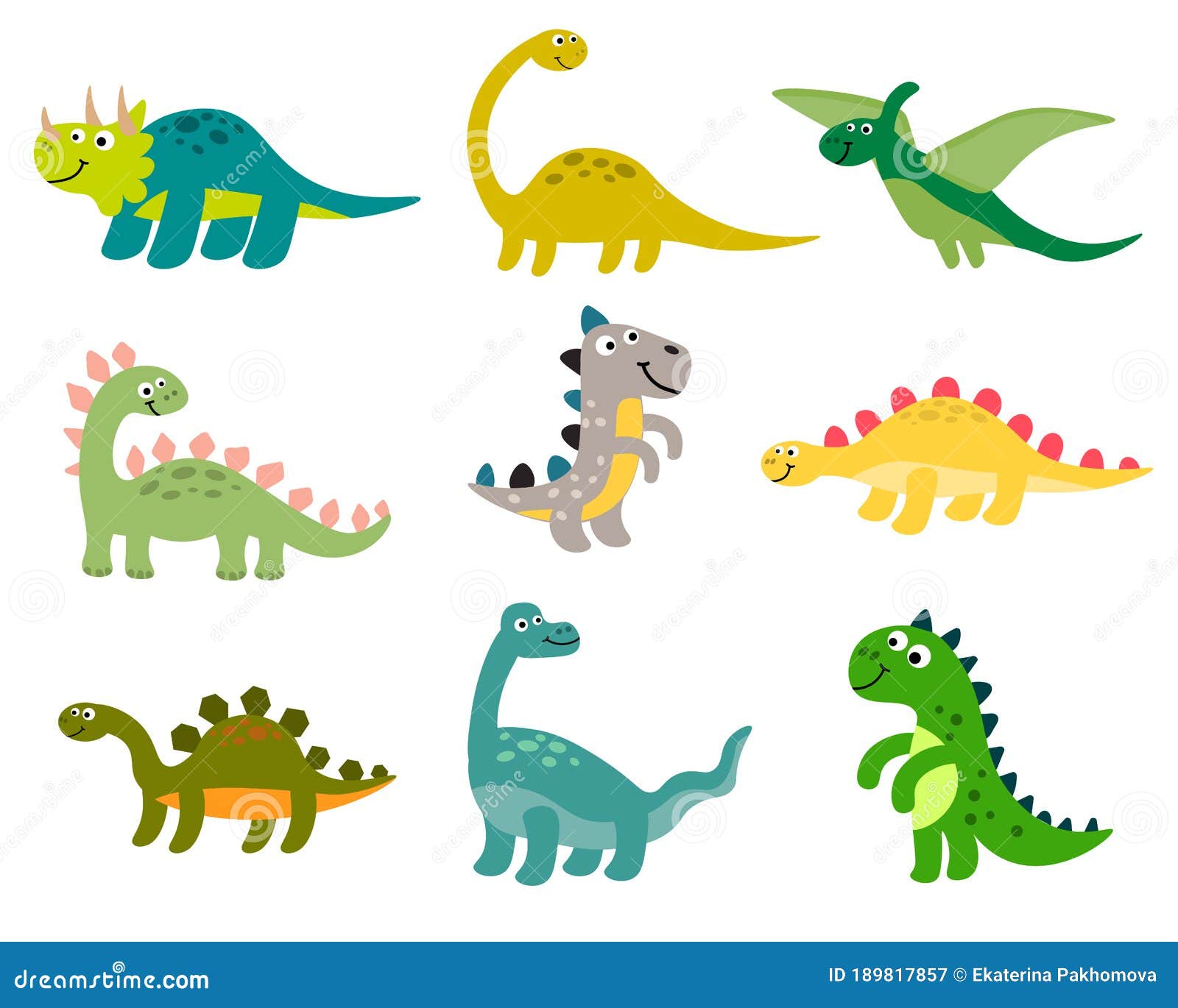 Cute Cartoon Dinosaurs Set in Flat Style Isolated on White Background ...