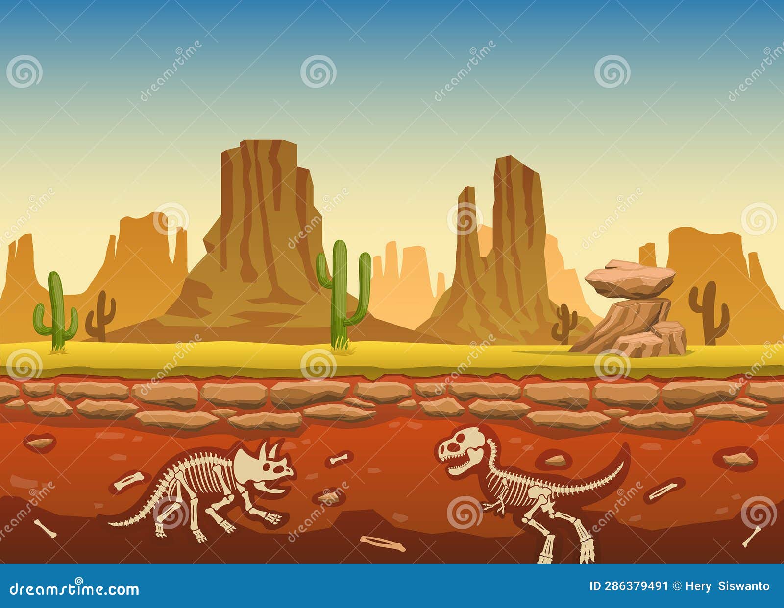 dinosaur fossil buried underground at the sand desert, seamless for game 