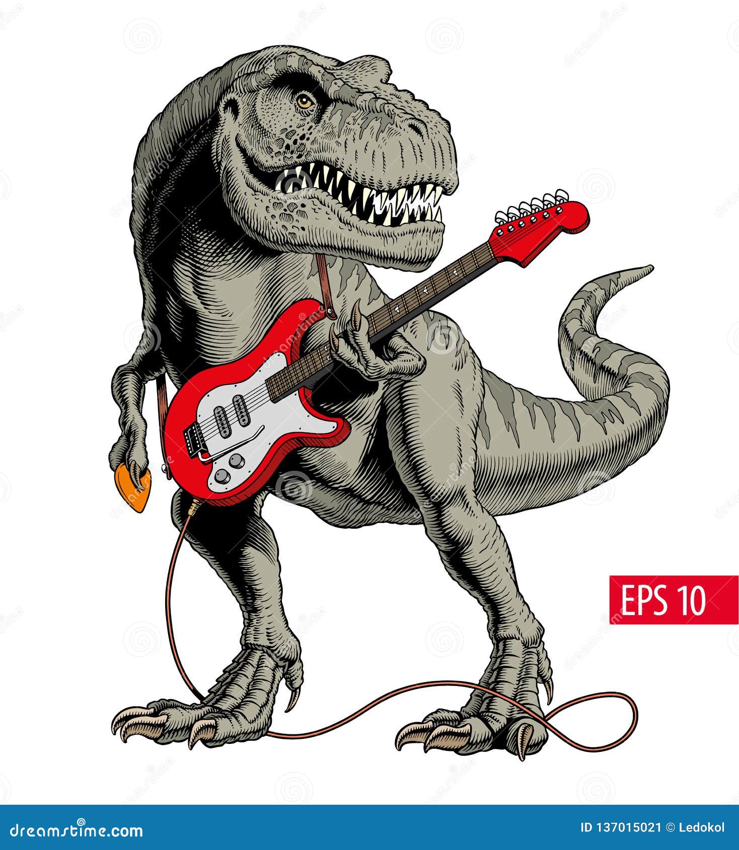 dinosaur playing electric guitar. tyrannosaurus or t. rex.  