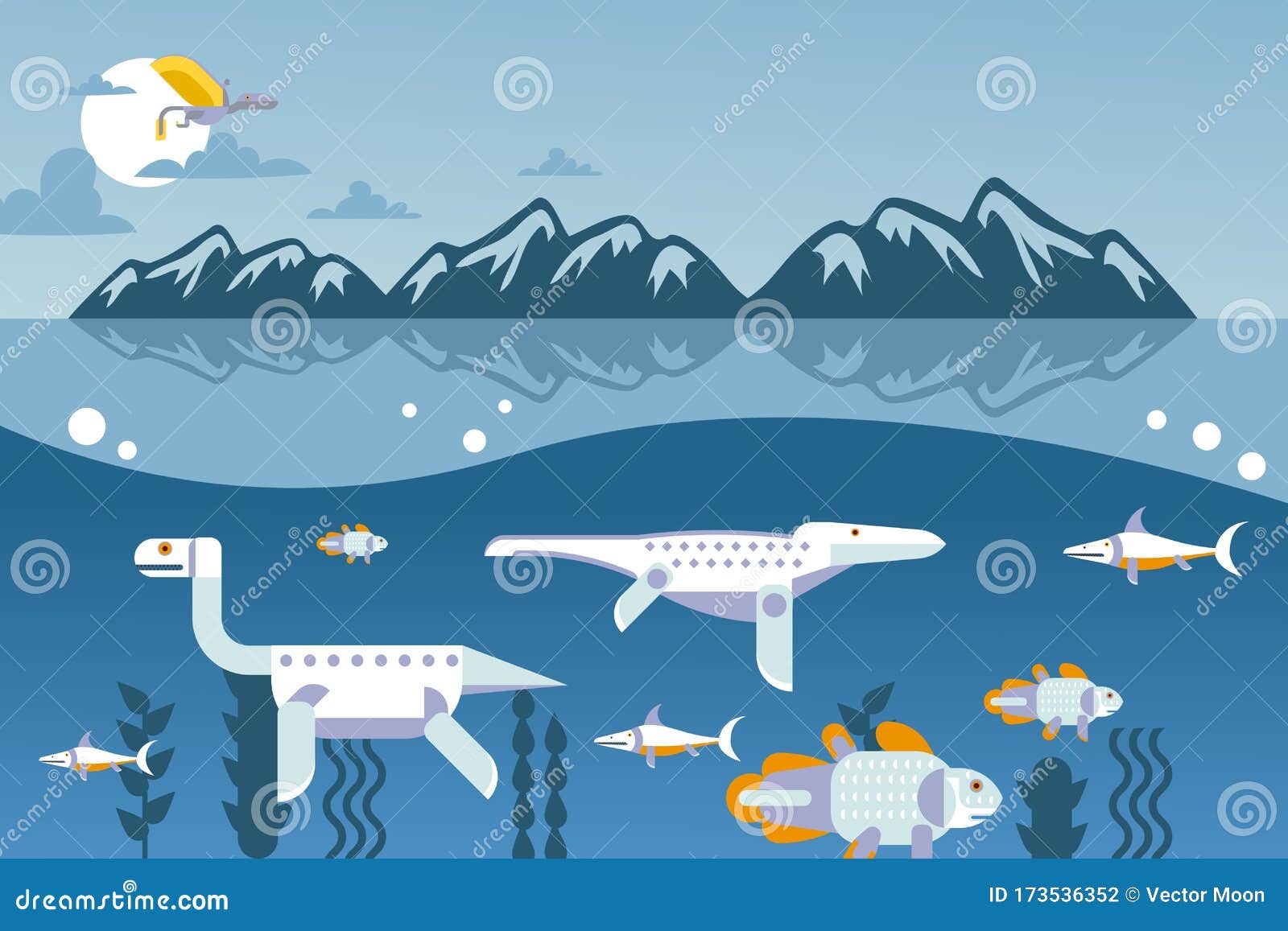 Dinosaur Prehistoric Animal Swimming Under Water, Simple Geometric Cartoon Style, Vector Illustration Stock Vector - Illustration of brochure, flat: 173536352 Dinosaur Prehistoric Animal Swimming Under Water, Simple Geometric Cartoon Style, Vector Illustration Stock Vector - Illustration of brochure, flat: 173536352