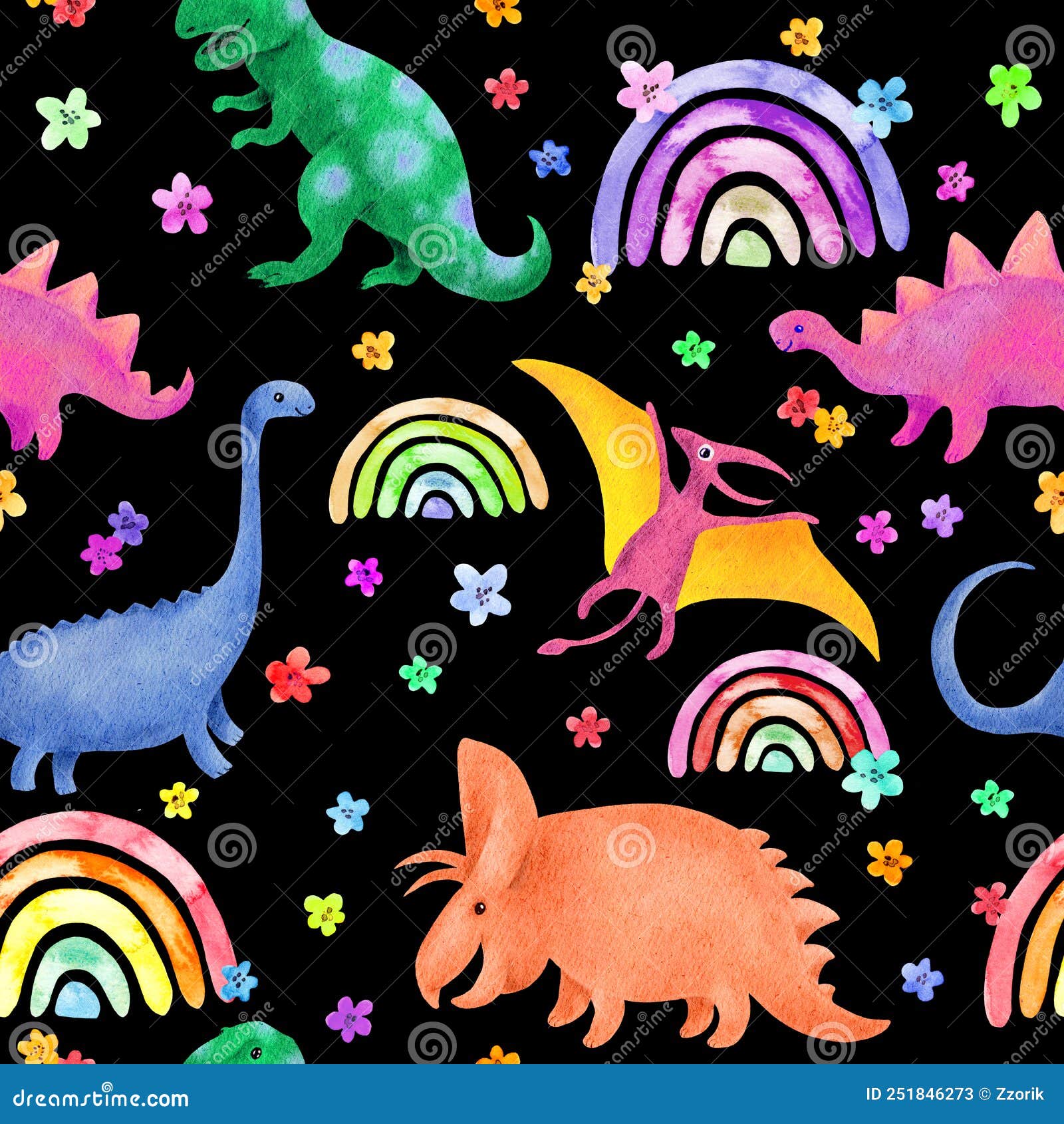 dinosaur, rainbows, flowers seamless pattern. cute happy dino for kids . watercolor prehistory animals repeating