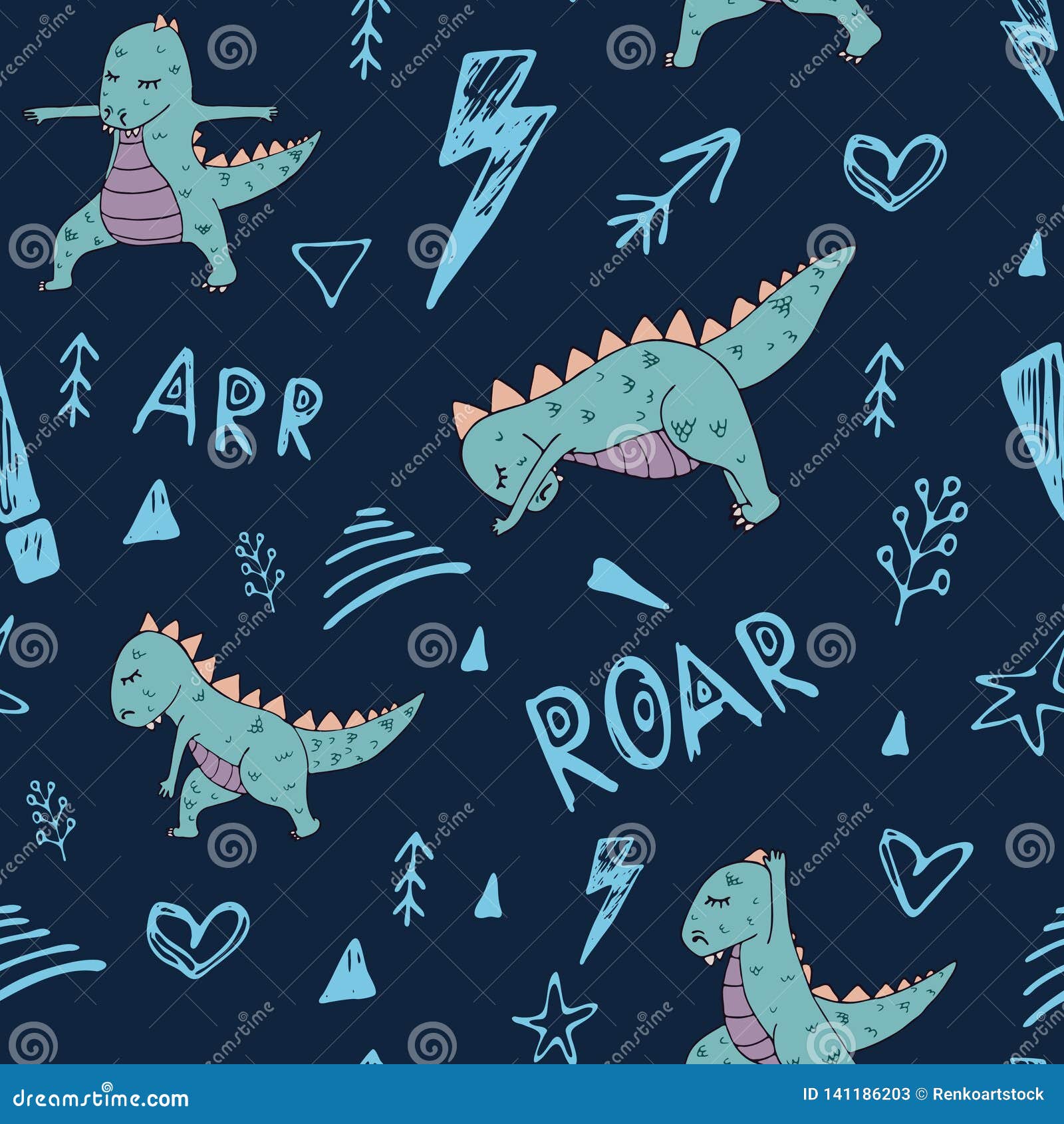 Dinosaur Seamless Pattern on Dark Blue Background Stock Illustration