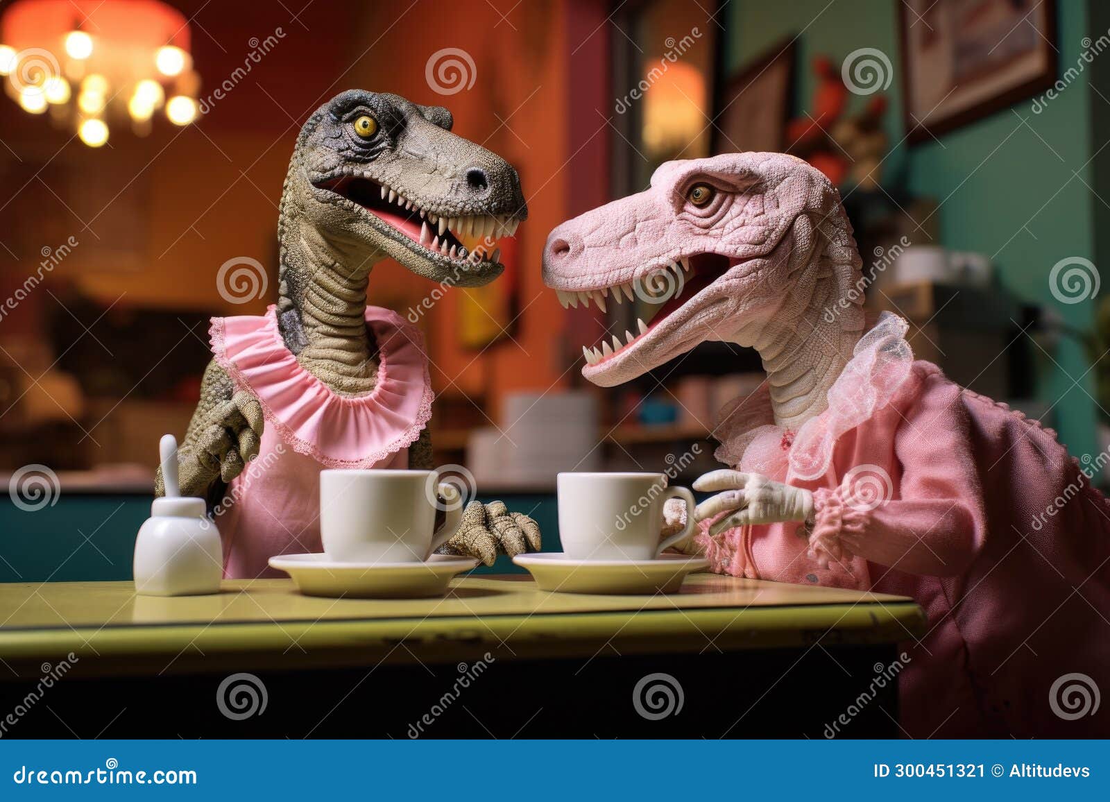 Dinosaur Toy Serving Coffee To Another Dinosaur in a Doll Cafe Stock