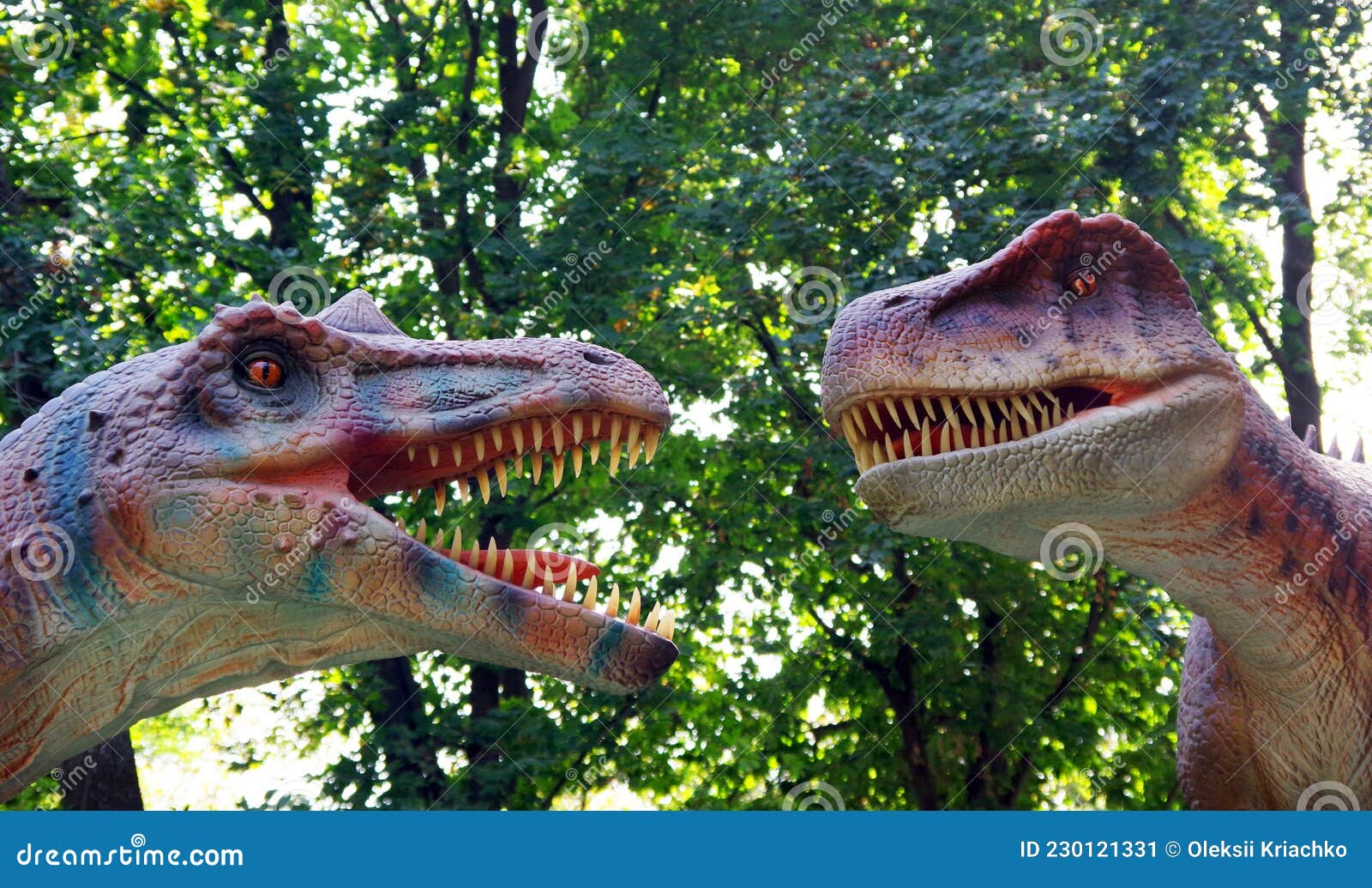 Dinosaur Tyrannosaurus Rex. Dinosaur Face. Tyrannosaurus in the Forest.  Dinosaur Model in the Park. Stock Image - Image of gigantic, background:  230121331