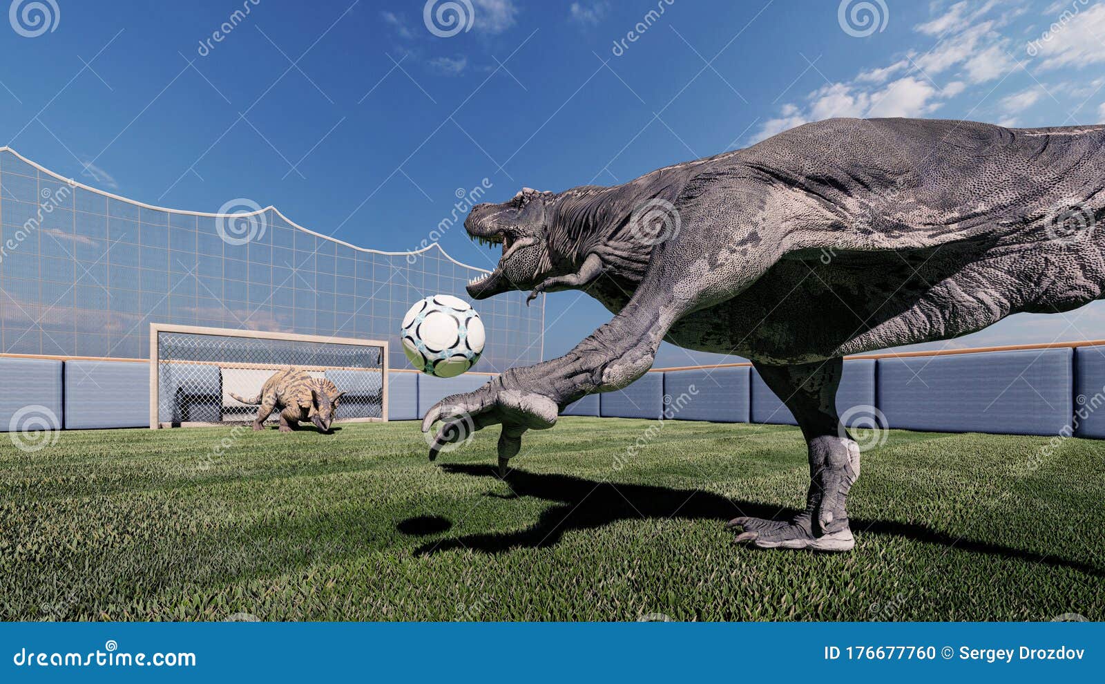 Dinosaurs play football stock illustration. Illustration of