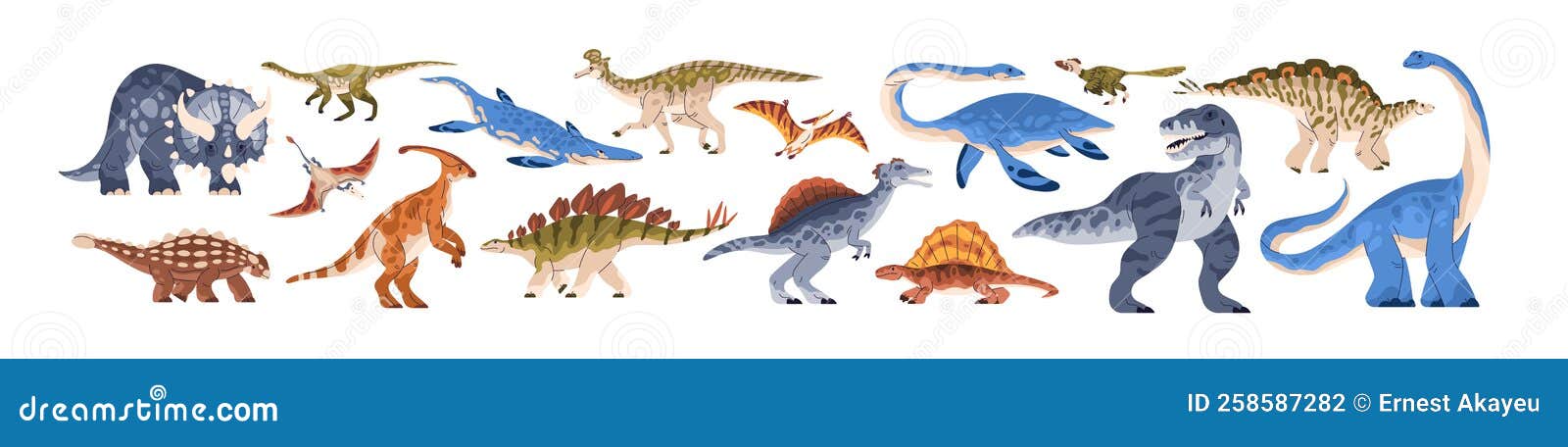dinosaurs set. ancient reptile animals of prehistory jurassic period. different species of prehistoric extinct reptilian