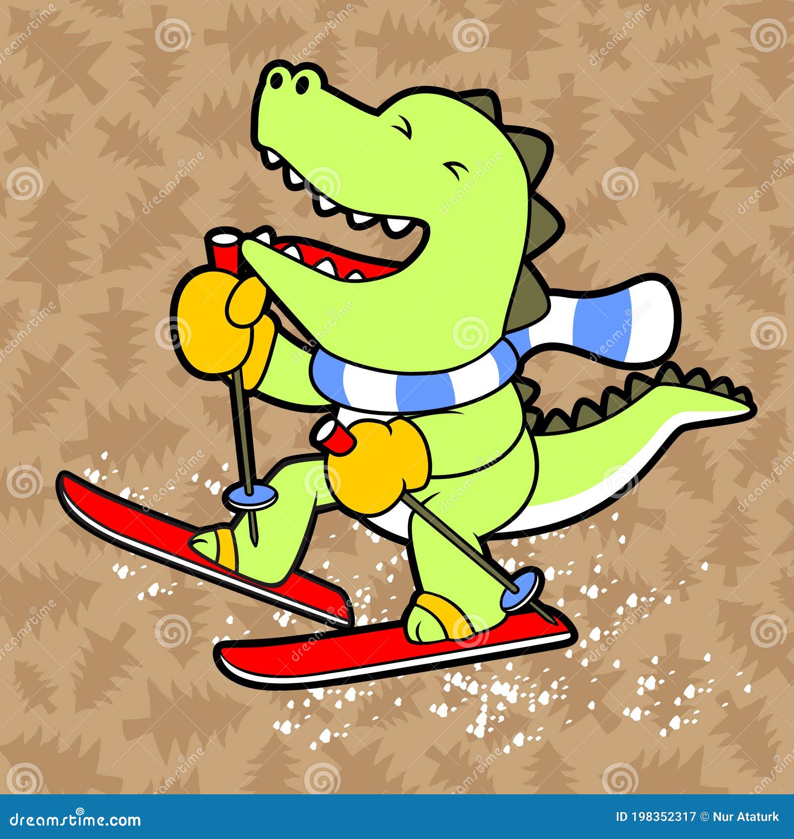 Dinosaurs Skiing on Tree Background Pattern Stock Vector Illustration of activities