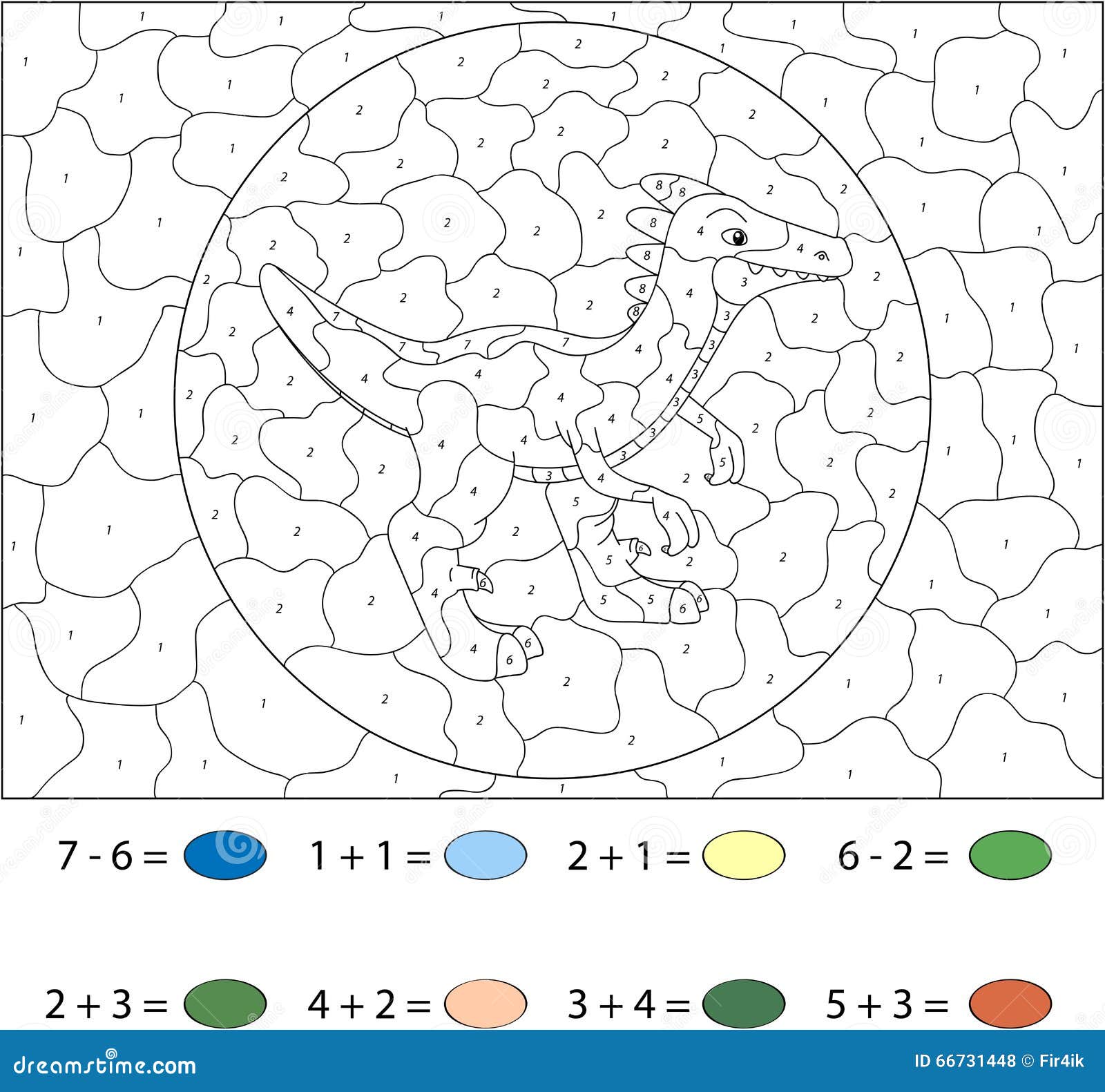 Página para colorir por números dinossauro engraçado jogo educativo para  crianças pré-escolares aprender números e cores