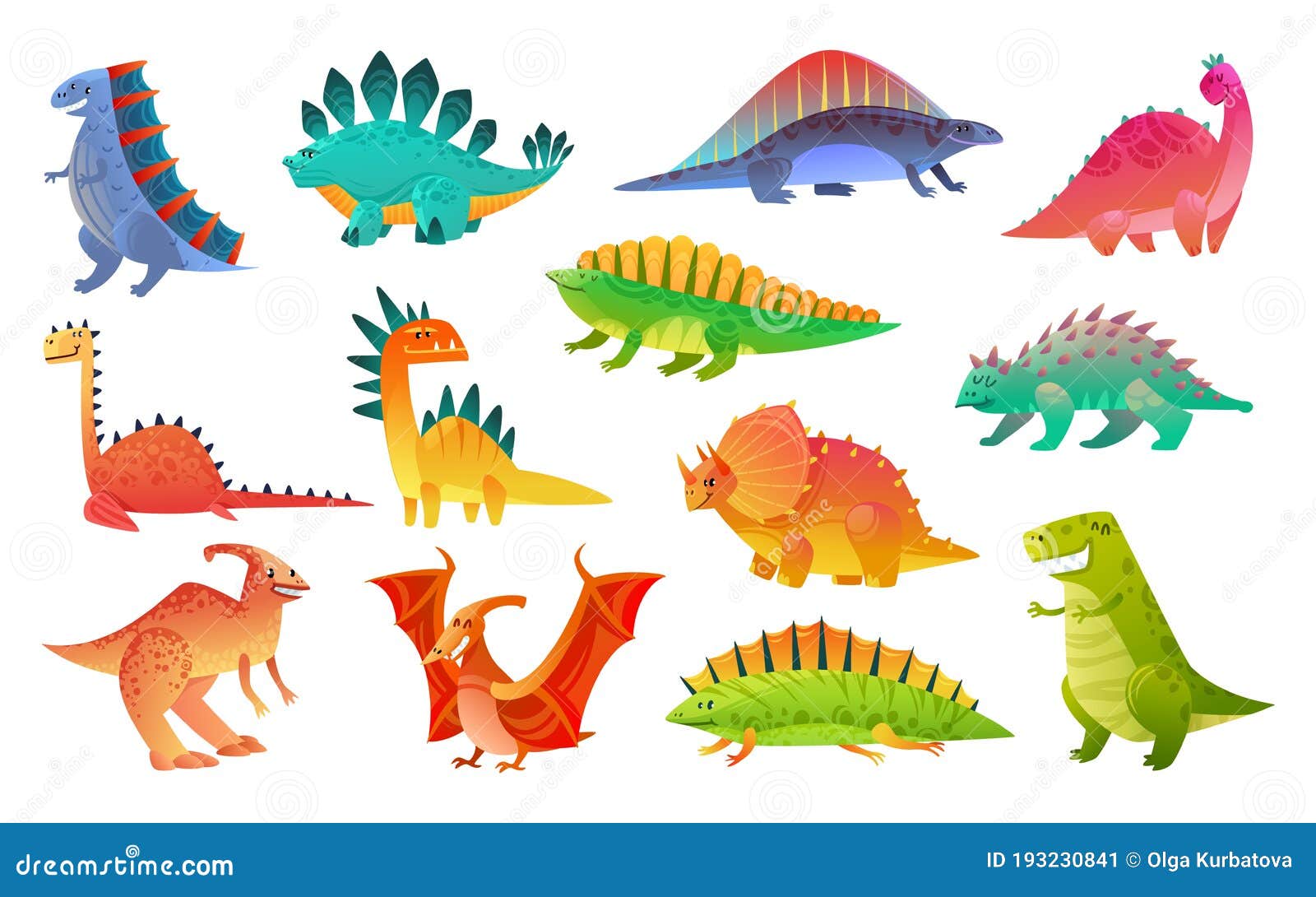 Coleção de dinossauros de desenhos animados de diferentes tipos.