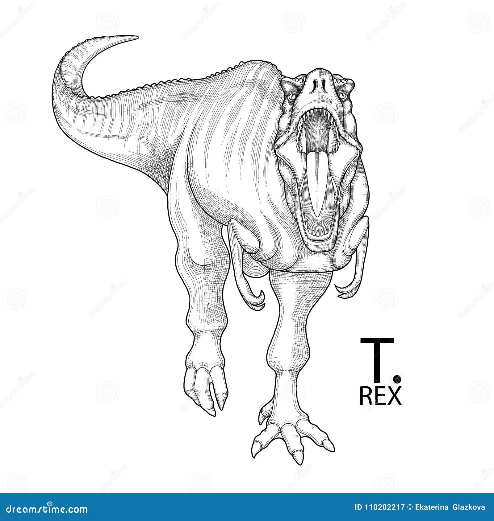 Ilustração da silhueta preto e branco do tyrannosaurus rex trex página para  colorir