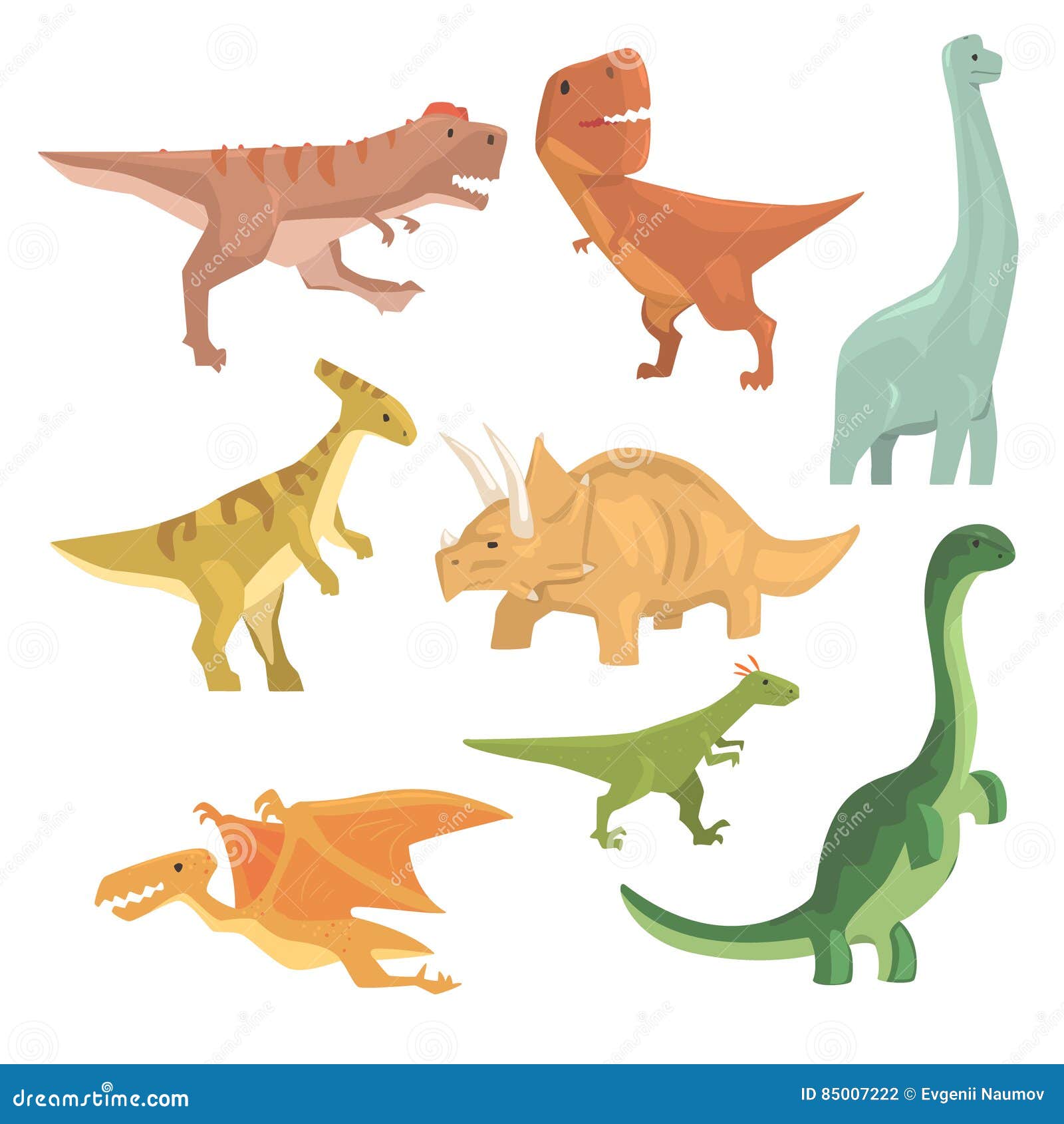 Coleção de dinossauros de desenhos animados de diferentes tipos.