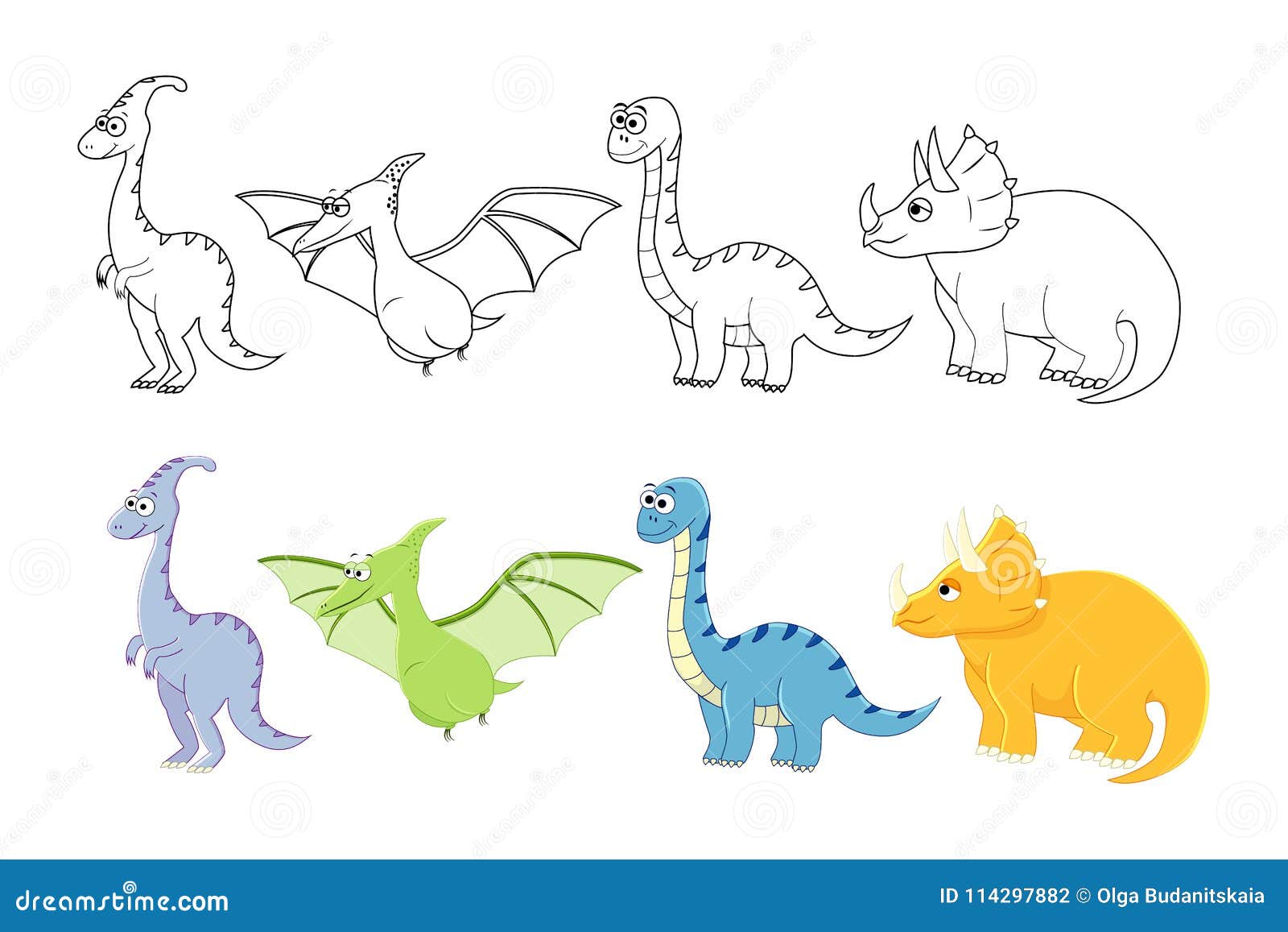 conjunto de dinossauros pré-históricos dos desenhos animados, livro de  colorir para crianças, ilustração de contorno 8945616 Vetor no Vecteezy