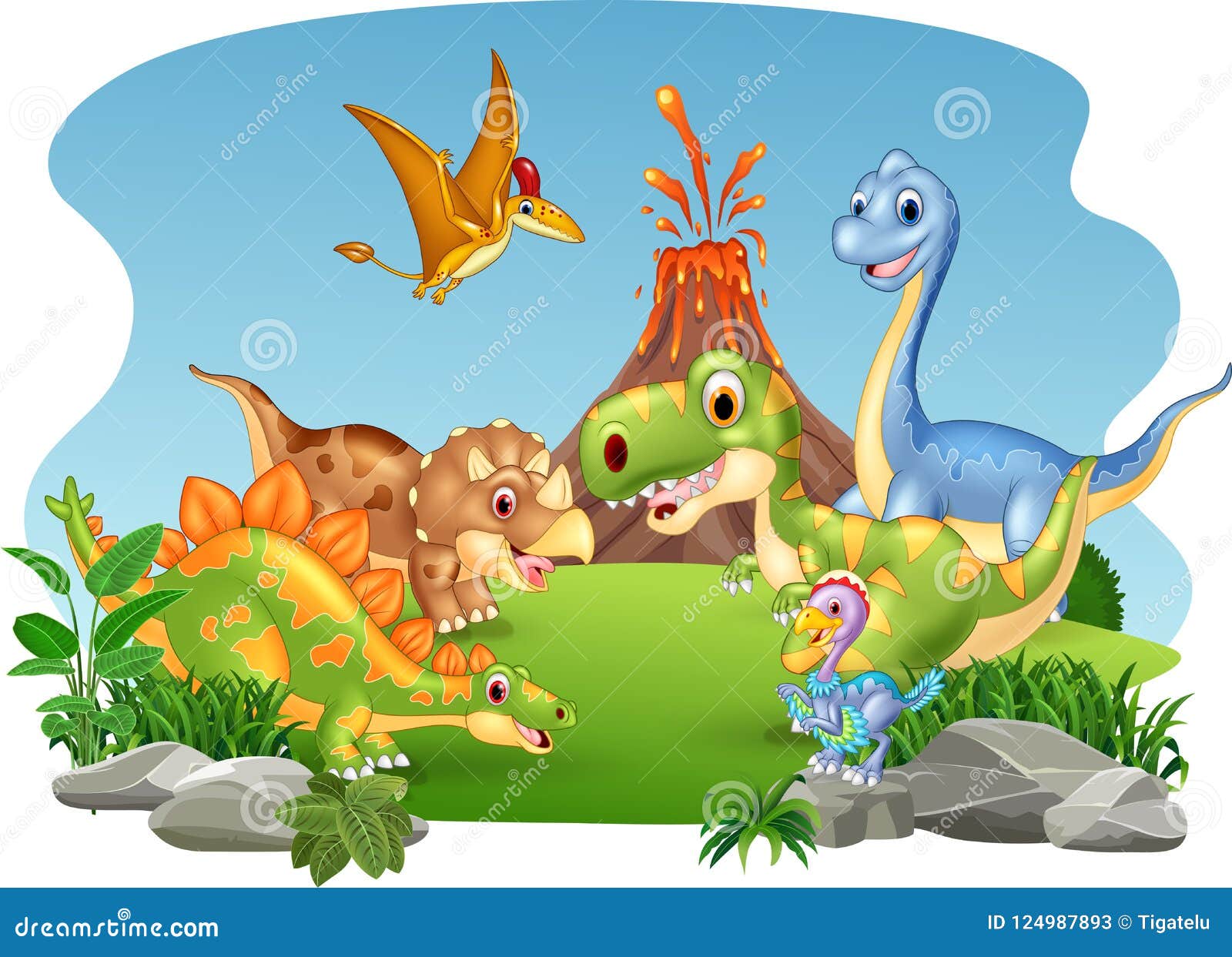 Dinossauros Felizes Dos Desenhos Animados Que Vivem Na Selva Ilustração do  Vetor - Ilustração de dinossauro, raptor: 123347016