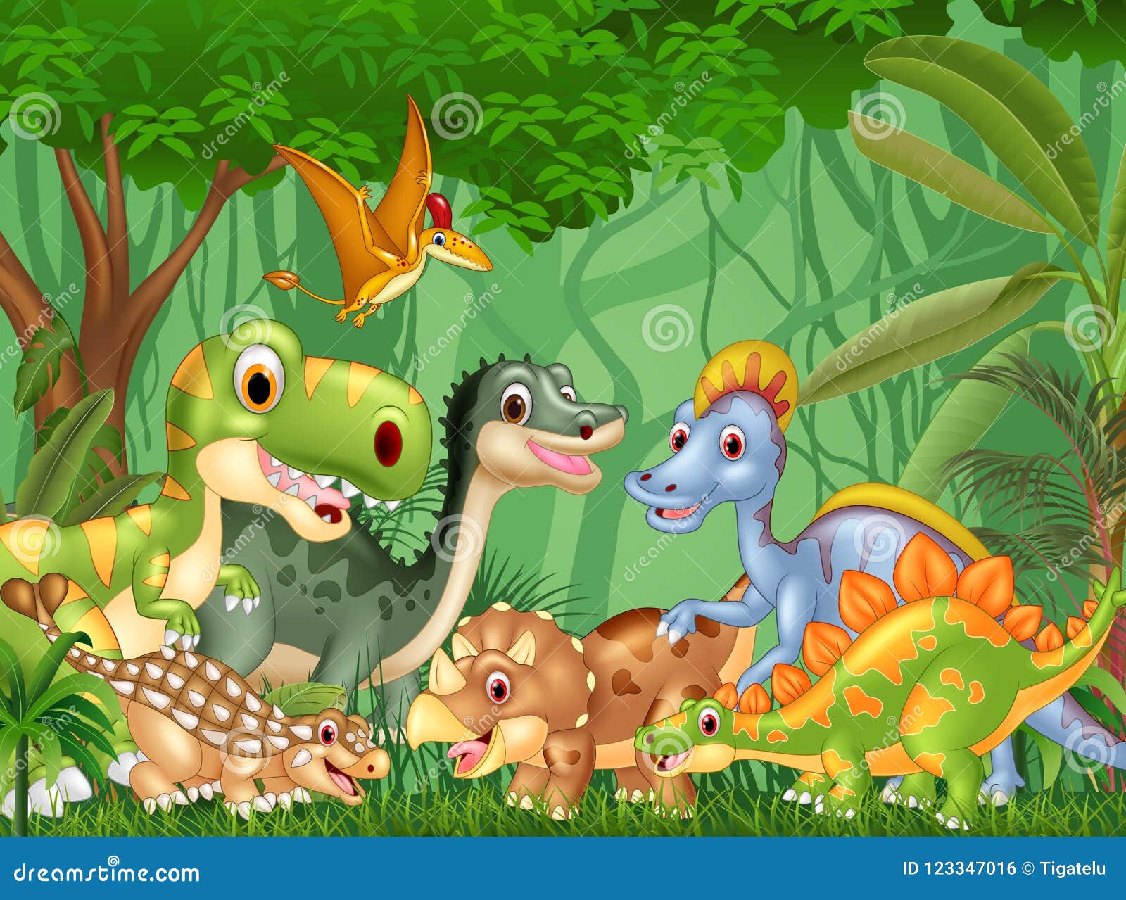 Dinossauros Felizes Dos Desenhos Animados Que Vivem Na Selva Ilustração do  Vetor - Ilustração de dinossauro, raptor: 123347016