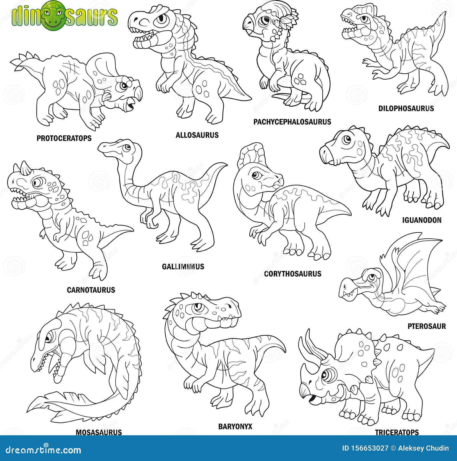 Vetores de Conjunto De Dinossauros De Desenho Animado Para Colorir