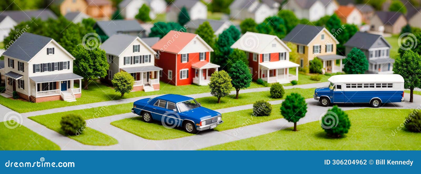 diorama of small homes on a tree-lined street