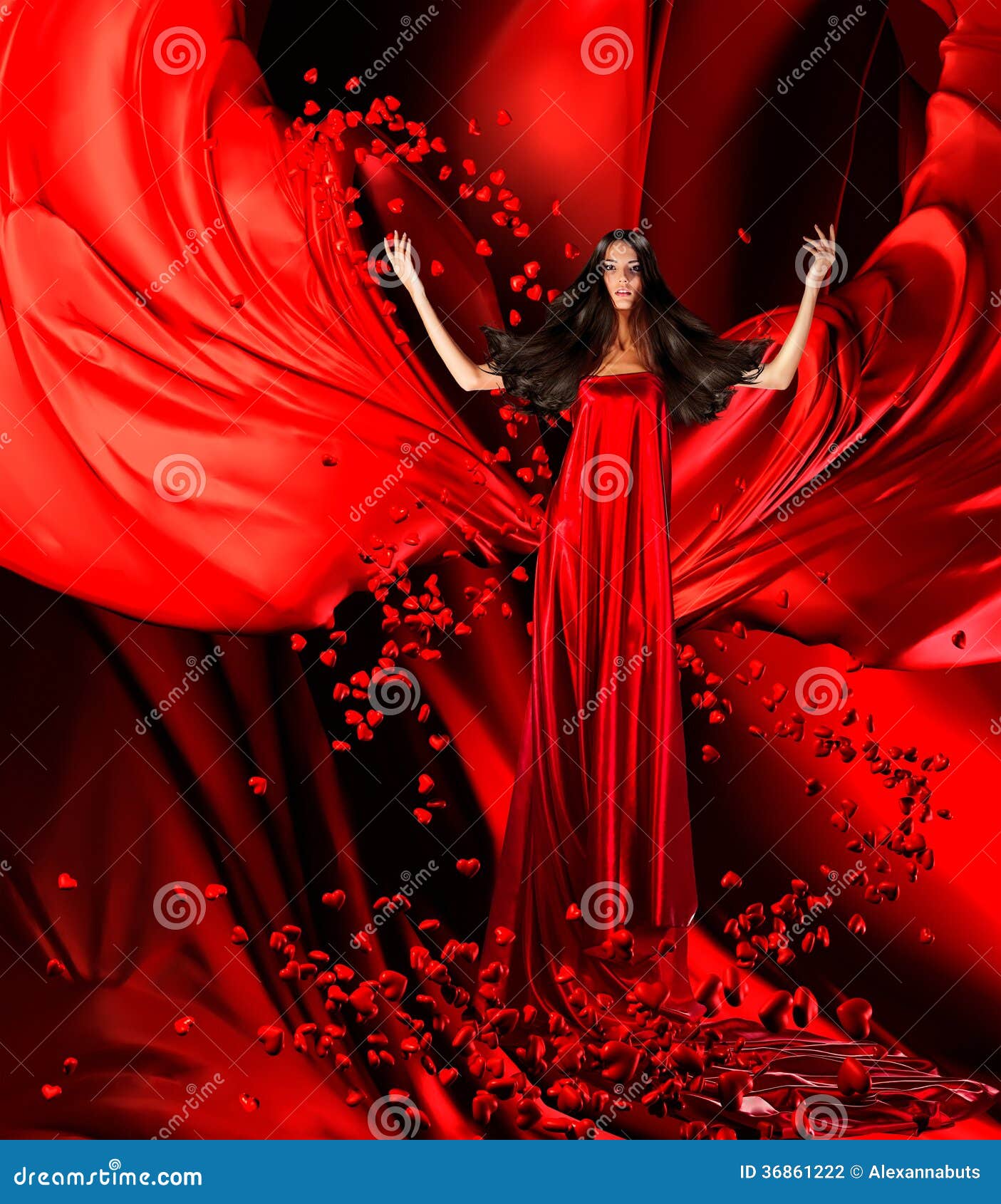 Diosa Del Amor En Vestido Rojo Con El Pelo Y Los Corazones Magníficos  Encendido Foto de archivo - Imagen de persona, manos: 36861222