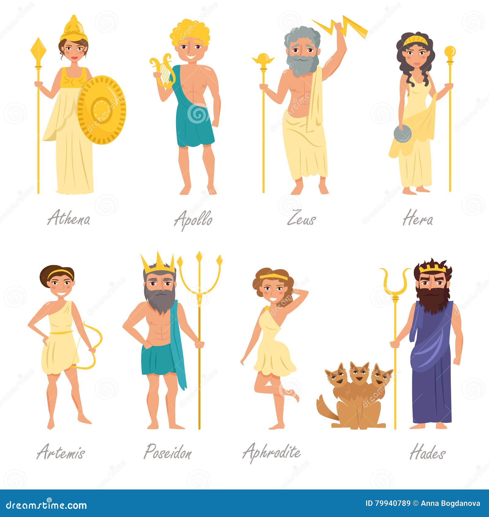 Les Dieux Grecs Et Leurs Attributs Dioses griegos plano ilustración del vector. Ilustración de grecia