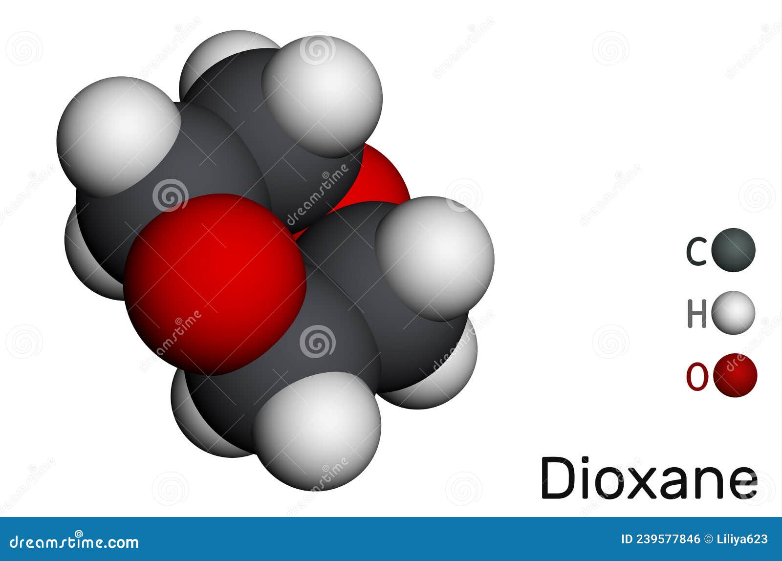dioxane 1,4-dioxane molecule. it is used primarily as a solvent in the manufacture of chemicals. molecular model. 3d rendering