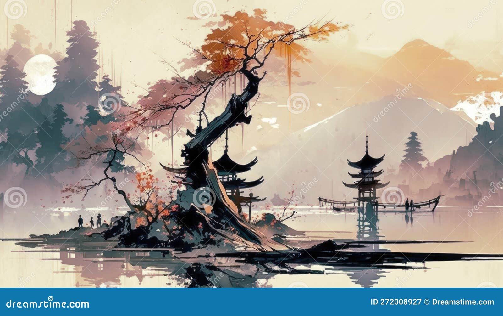 Dipinto Giapponese, Sfondo Sereno Per Arte Murale E Carta Da Parati  Illustrazione di Stock - Illustrazione di montagne, pesci: 272008927