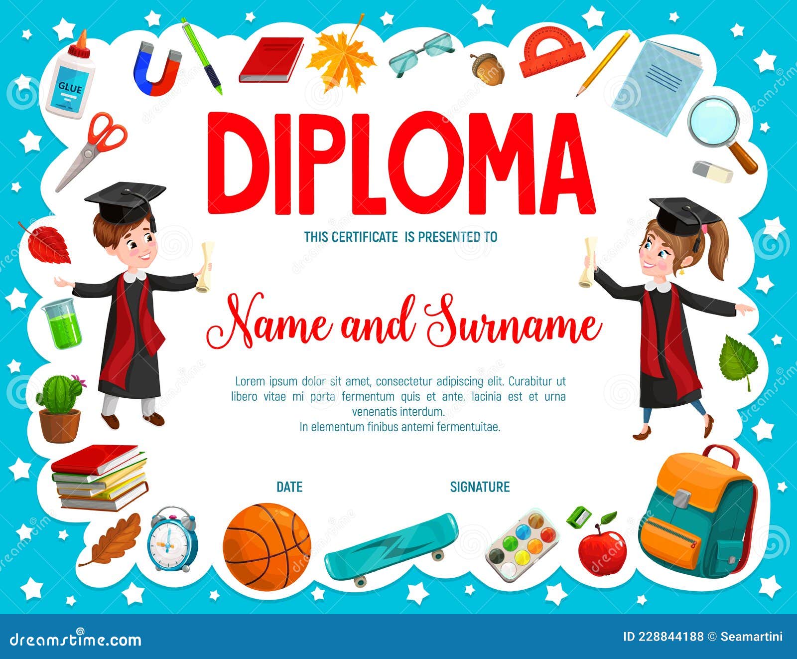 Diploma De Educación Con Alumnos De Dibujos Animados Y Niñas Ilustración  del Vector - Ilustración de hoja, petate: 228844188