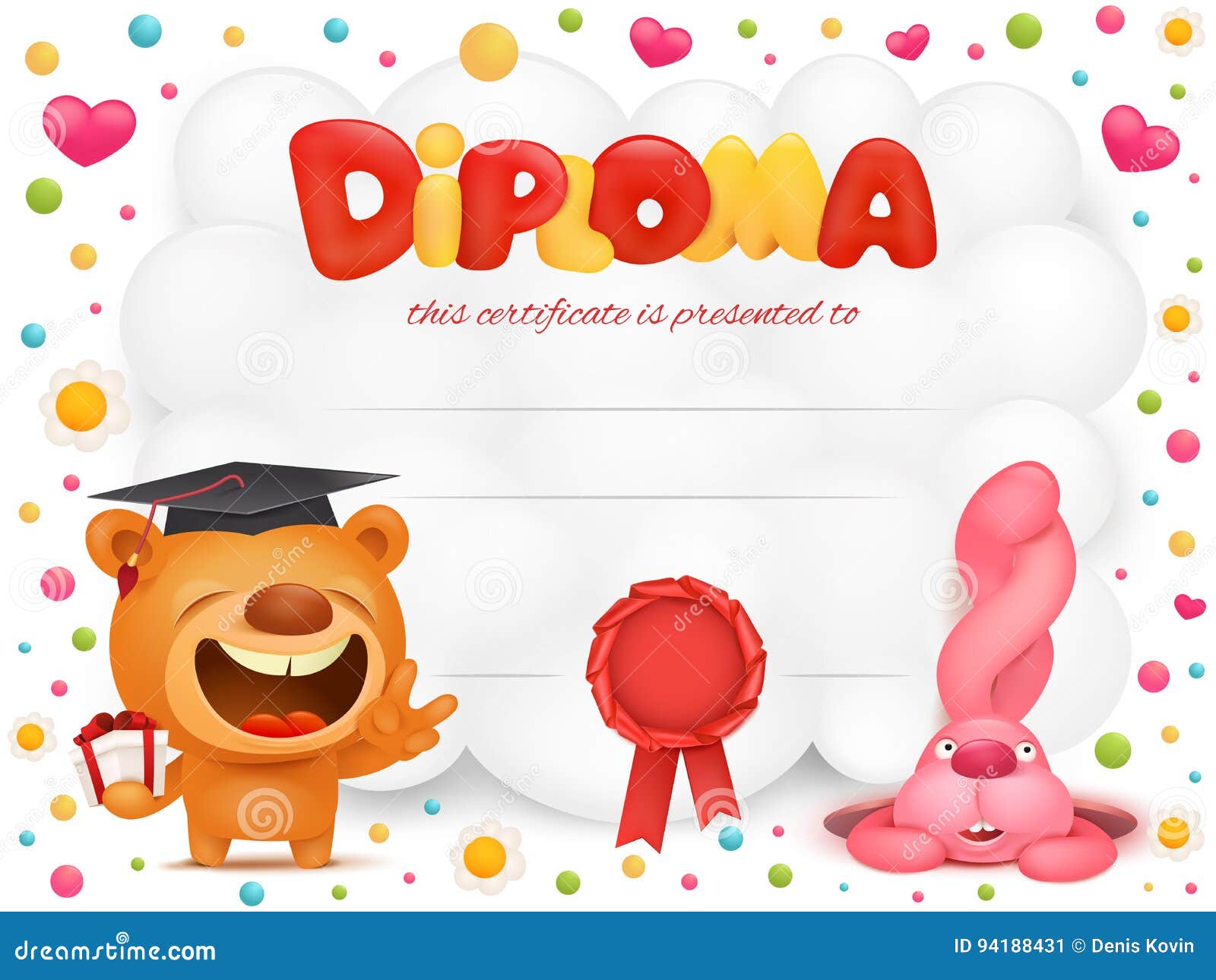 diploma template certificate with teddy bear and pink bunny cartoon