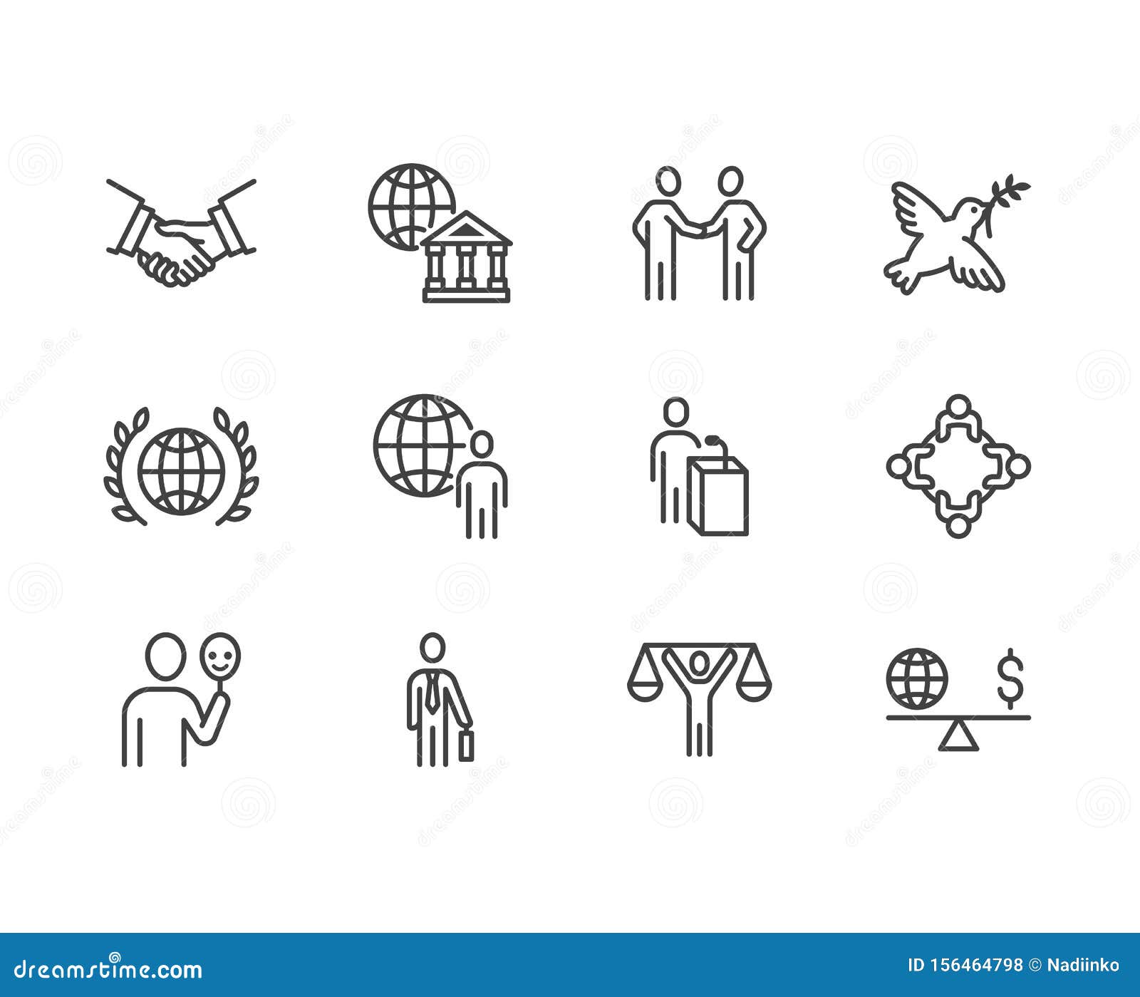diplomacy flat line icons set. global politics, handshake, international business, presentation  s