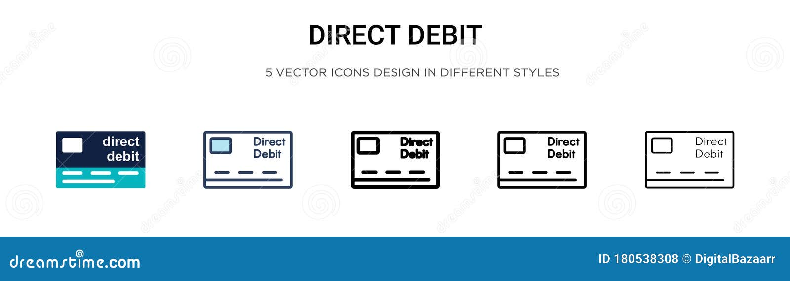 direct debit icon in filled, thin line, outline and stroke style.   of two colored and black direct debit 