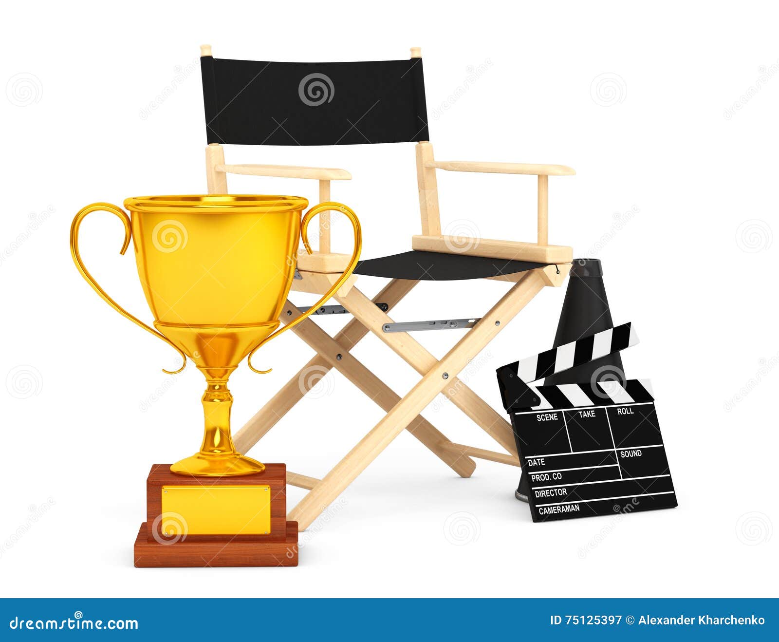 Director Chair, Movie Clapper And Megaphone With Golden Trophy. Stock